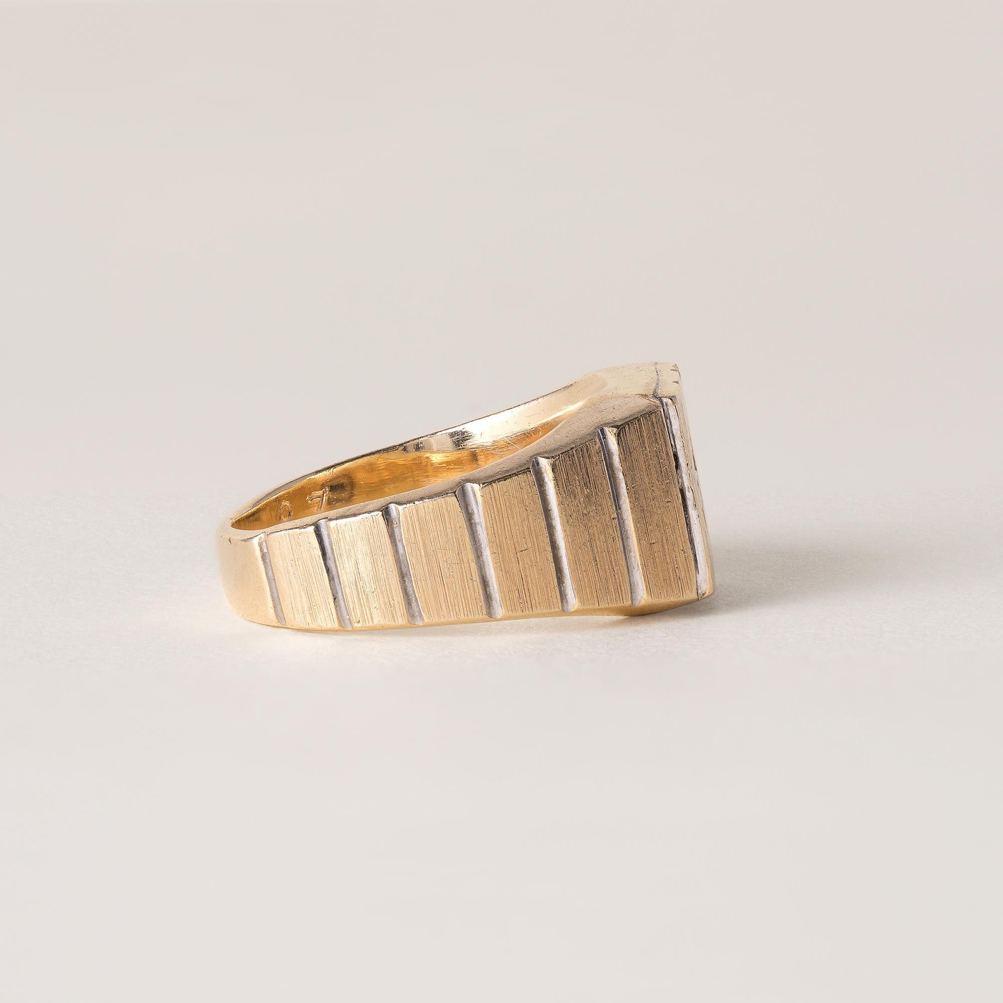 Brilliant Cut Vintage Modernist Diamond Solitaire Ring Brushed  14K Yellow Gold For Sale
