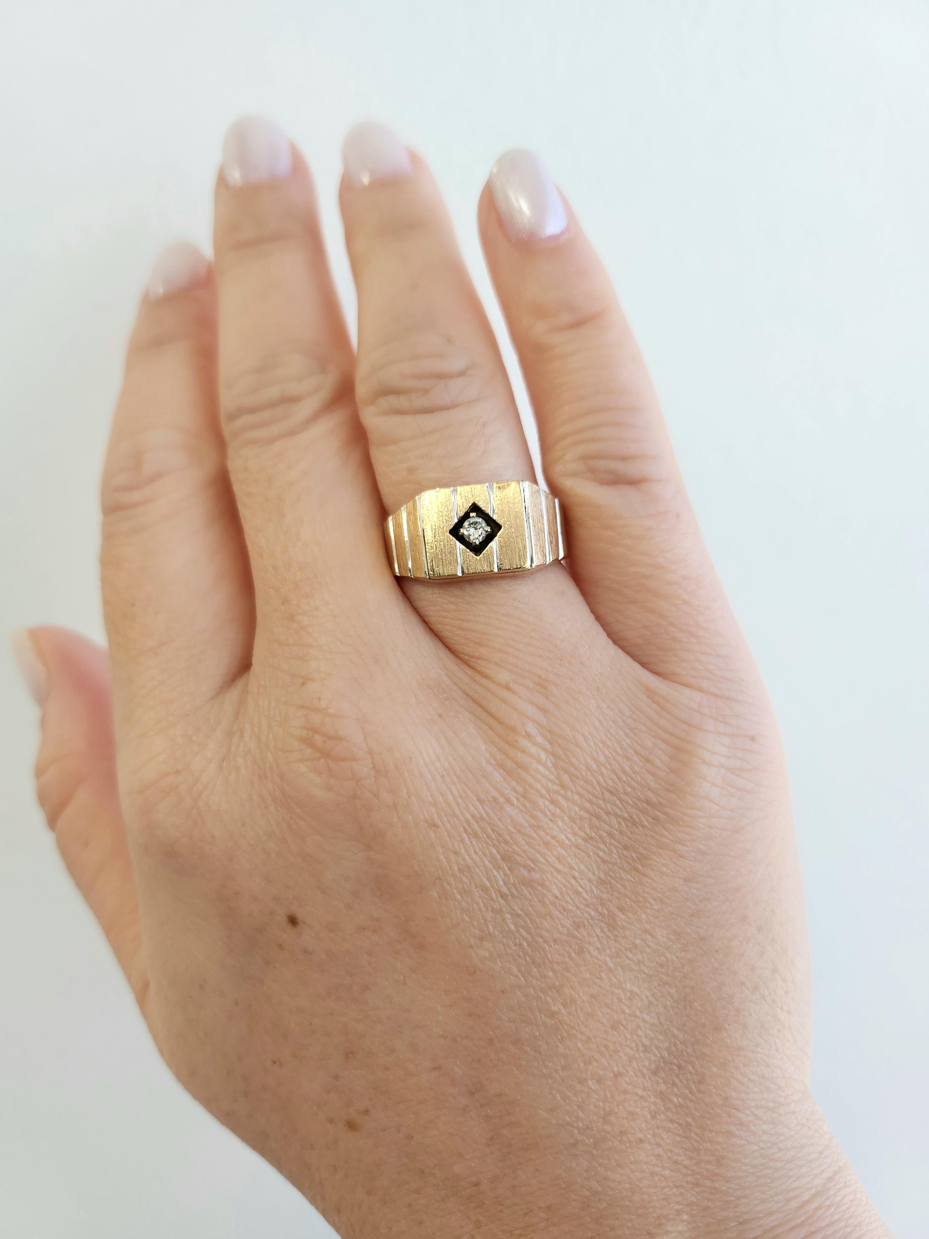 Women's Vintage Modernist Diamond Solitaire Ring Brushed  14K Yellow Gold For Sale