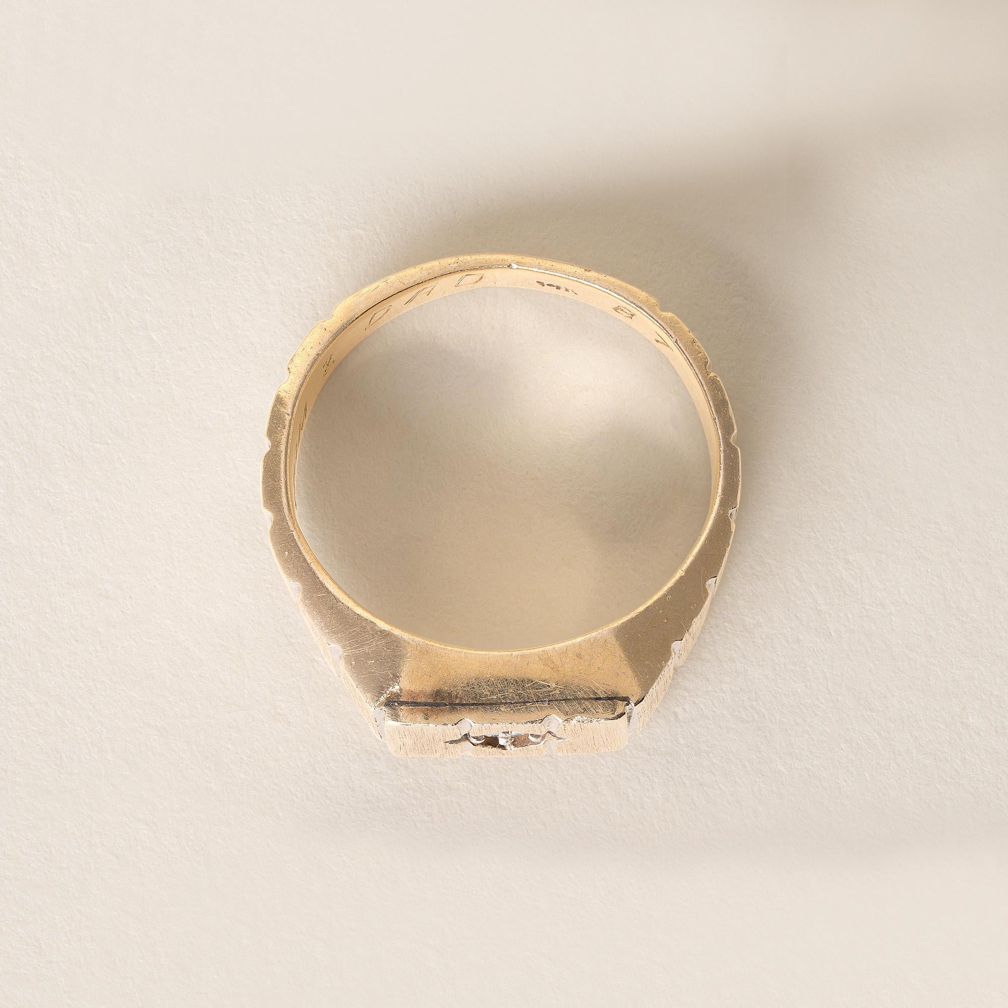 Vintage Modernist Diamond Solitaire Ring Brushed  14K Yellow Gold For Sale 1