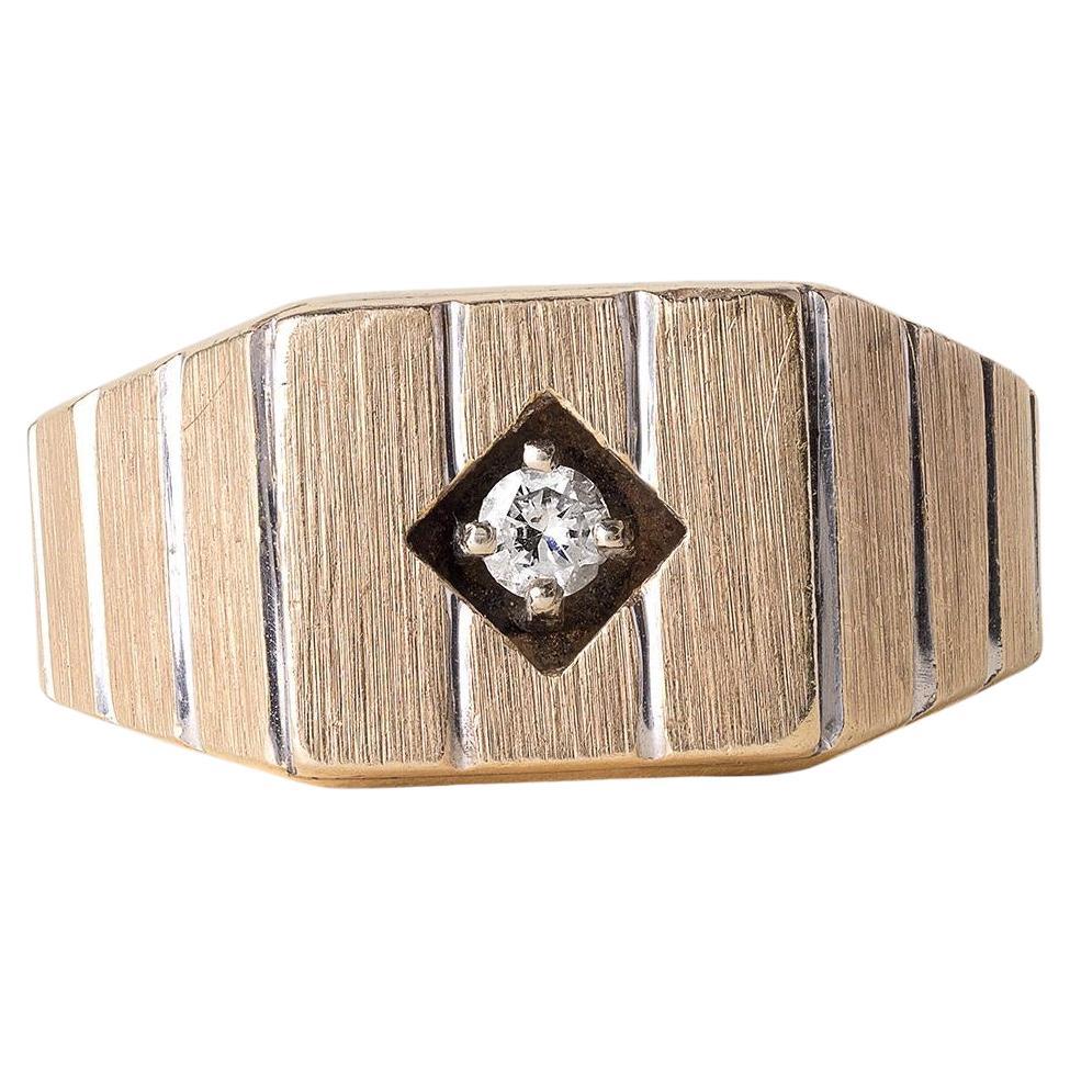 Vintage Modernist Diamond Solitaire Ring Brushed  14K Yellow Gold For Sale