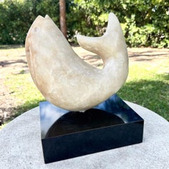 Vintage Modernist Hand Carved Marble Fish Sculpture or Black Laminate Base
