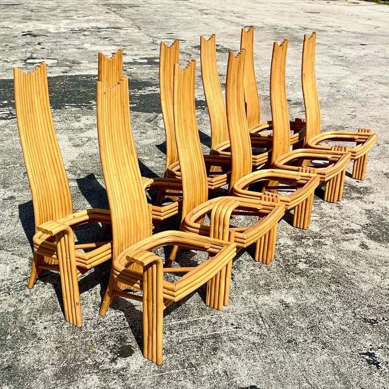 Vintage Modernist High Back Rattan Dining Chairs, Set of 10 For Sale at