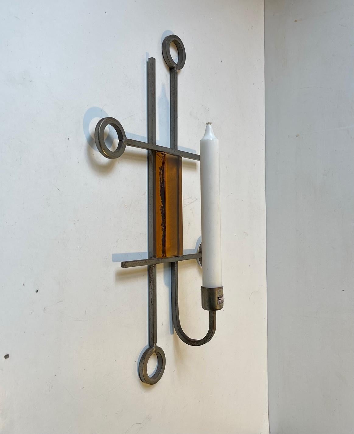 Vintage Modernist Iron & Glass Candle Sconce from Danish Ferro Art, 1970s For Sale 3