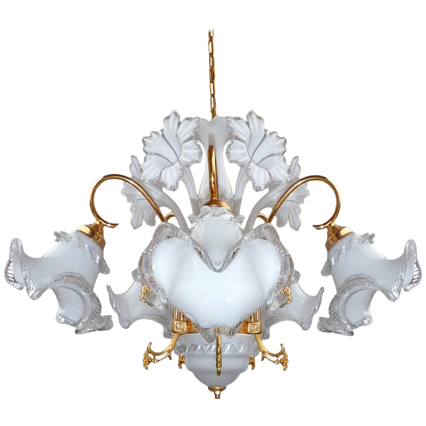 Hollywood Regency Vintage Modernist Italian Murano Art Glass Flower Bouquet Gilt Brass Chandelier