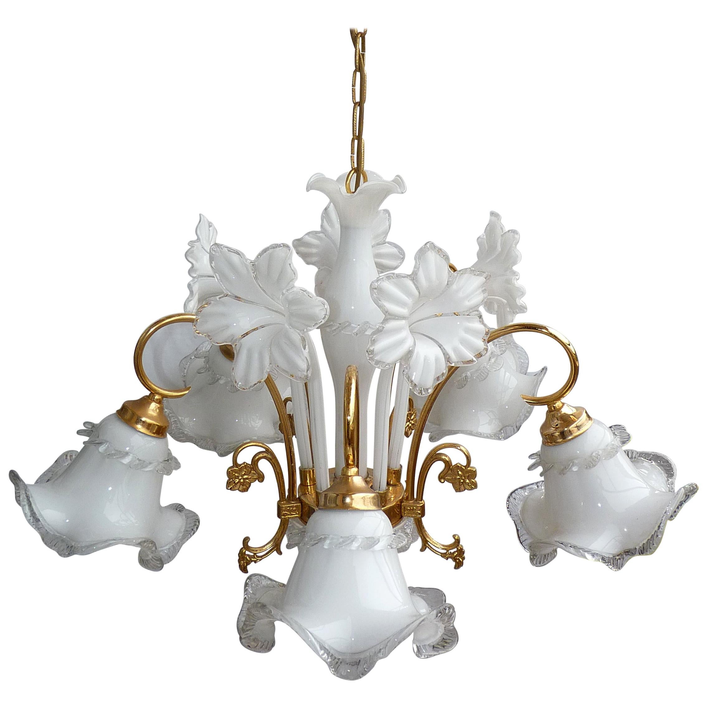 Vintage Modernist Italian Murano Art Glass Flower Bouquet Gilt Brass Chandelier
