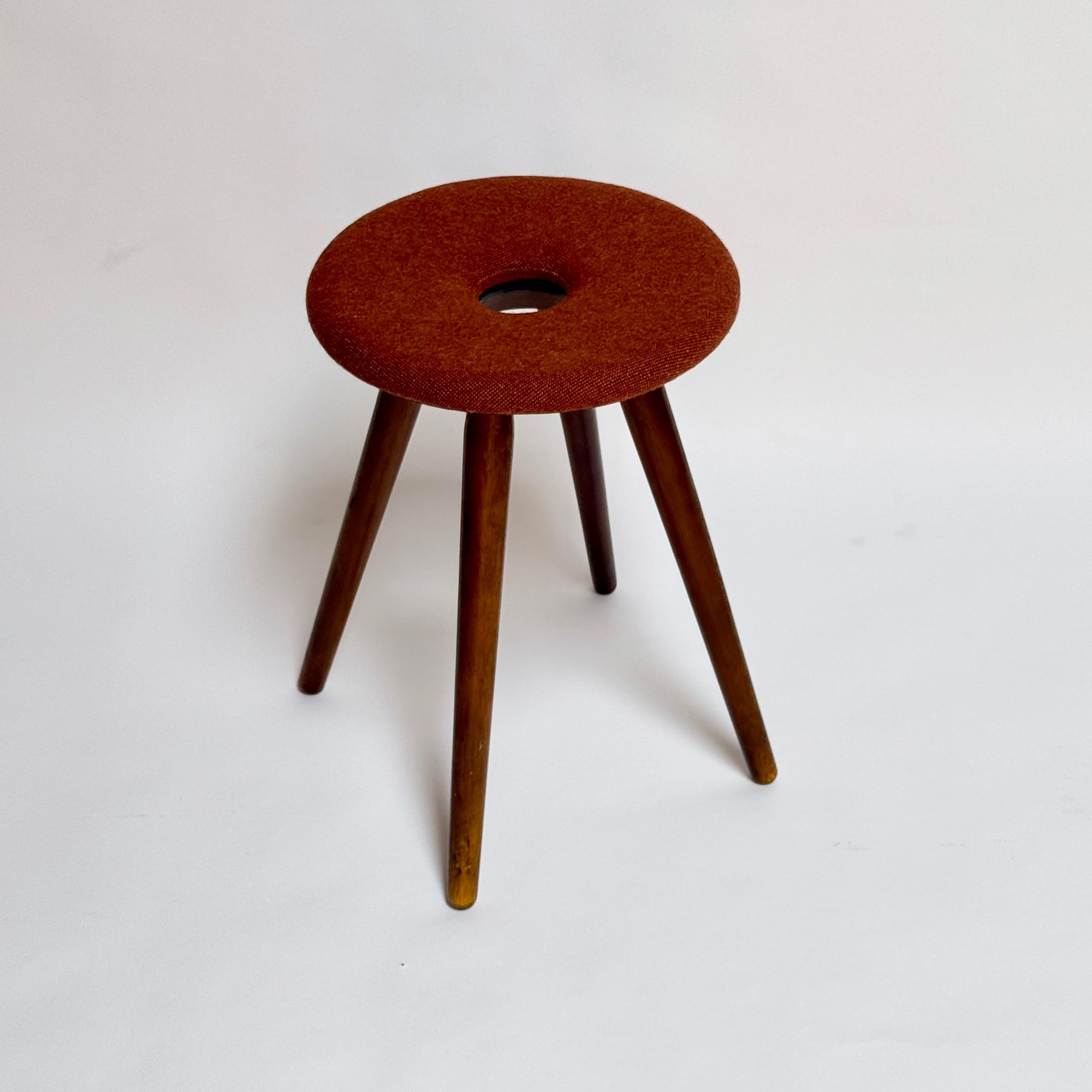 Fantastic, vintage modern Japanese ring stool in the manner of Kato Tokukichi. Freshly upholstered in beautiful original Knoll fabric. Acquired in Japan. Amazing wood work detail. 