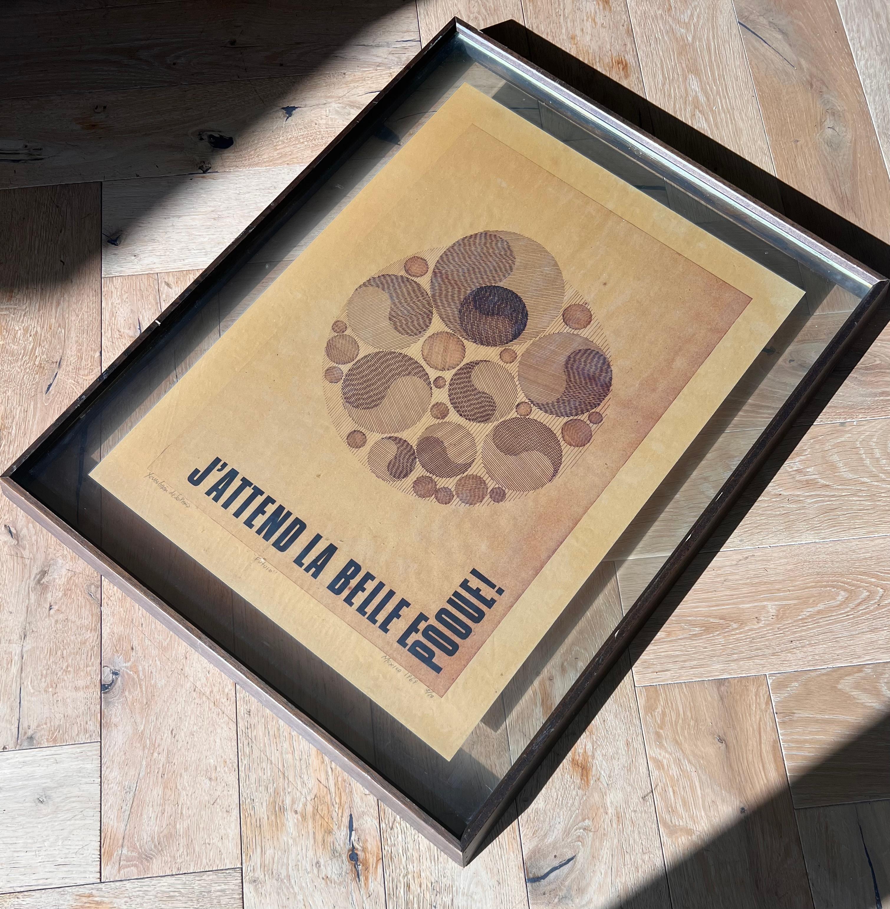 J’ATTEND LA BELLE ÉPOQUE: a vintage print, “Futura”, signed, Mexico 1969. Edition 5/10 and framed in glass and wood. J’attend la belle époque translates loosely to «waiting for the good old days»; I daresay perhaps a rather relevant sentiment. Pick