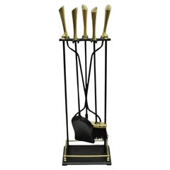 Vintage Modernist Mid Century Modern Brass & Iron Fireplace Mantel Tool Set