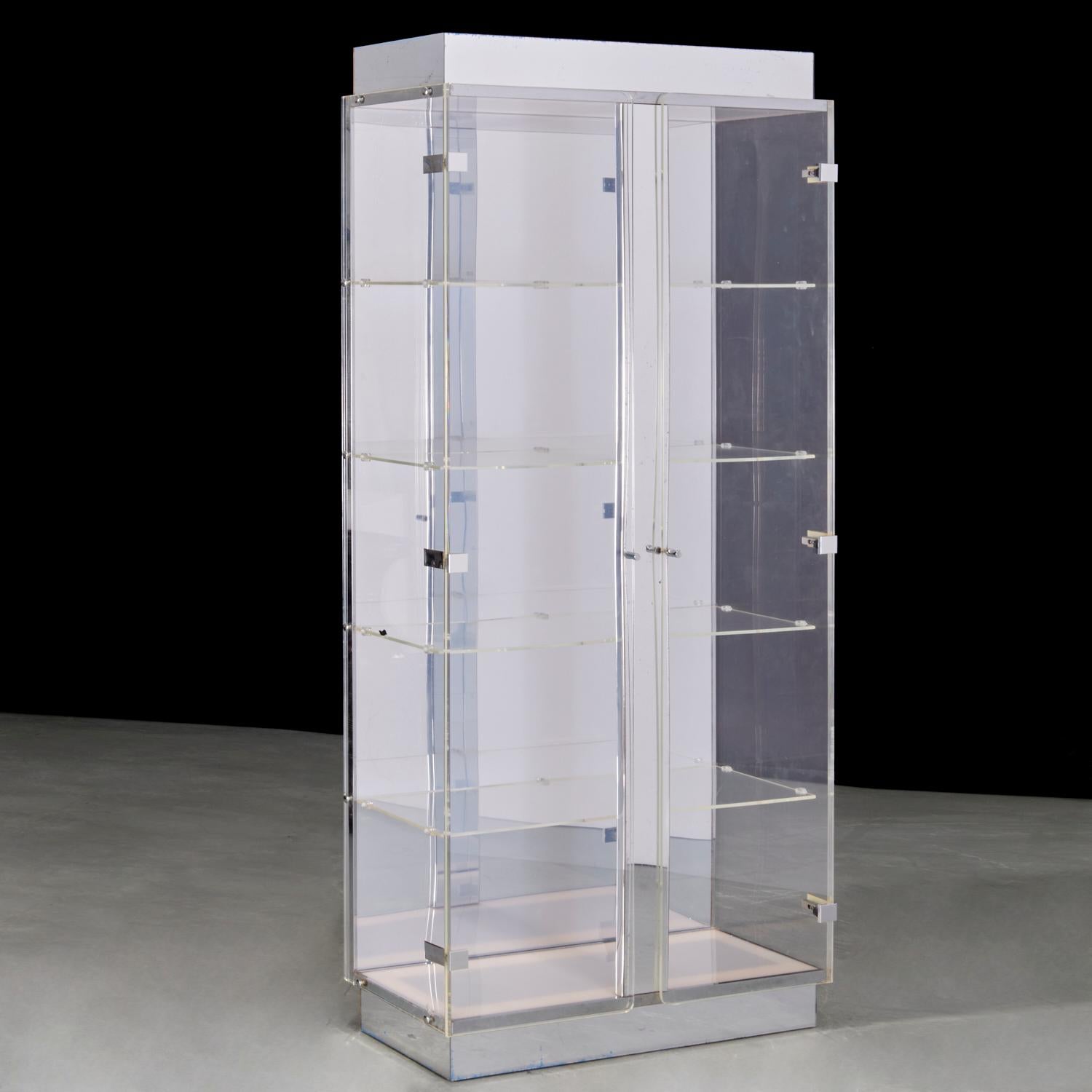 Metal Vintage Modernist Mirrored Acrylic Display Cabinet with Lighting For Sale