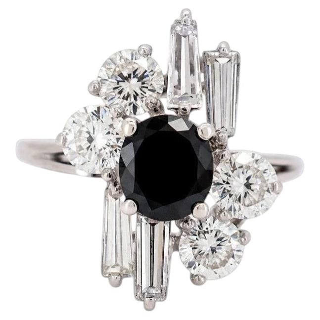 Bague vintage de style moderniste en saphir naturel et diamants - Or blanc 18 carats