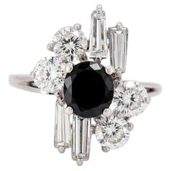 Bague vintage de style moderniste en saphir naturel et diamants - Or blanc 18 carats