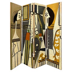 Vintage Modernist Painted Abstract Screen After Picasso, 4 Panel