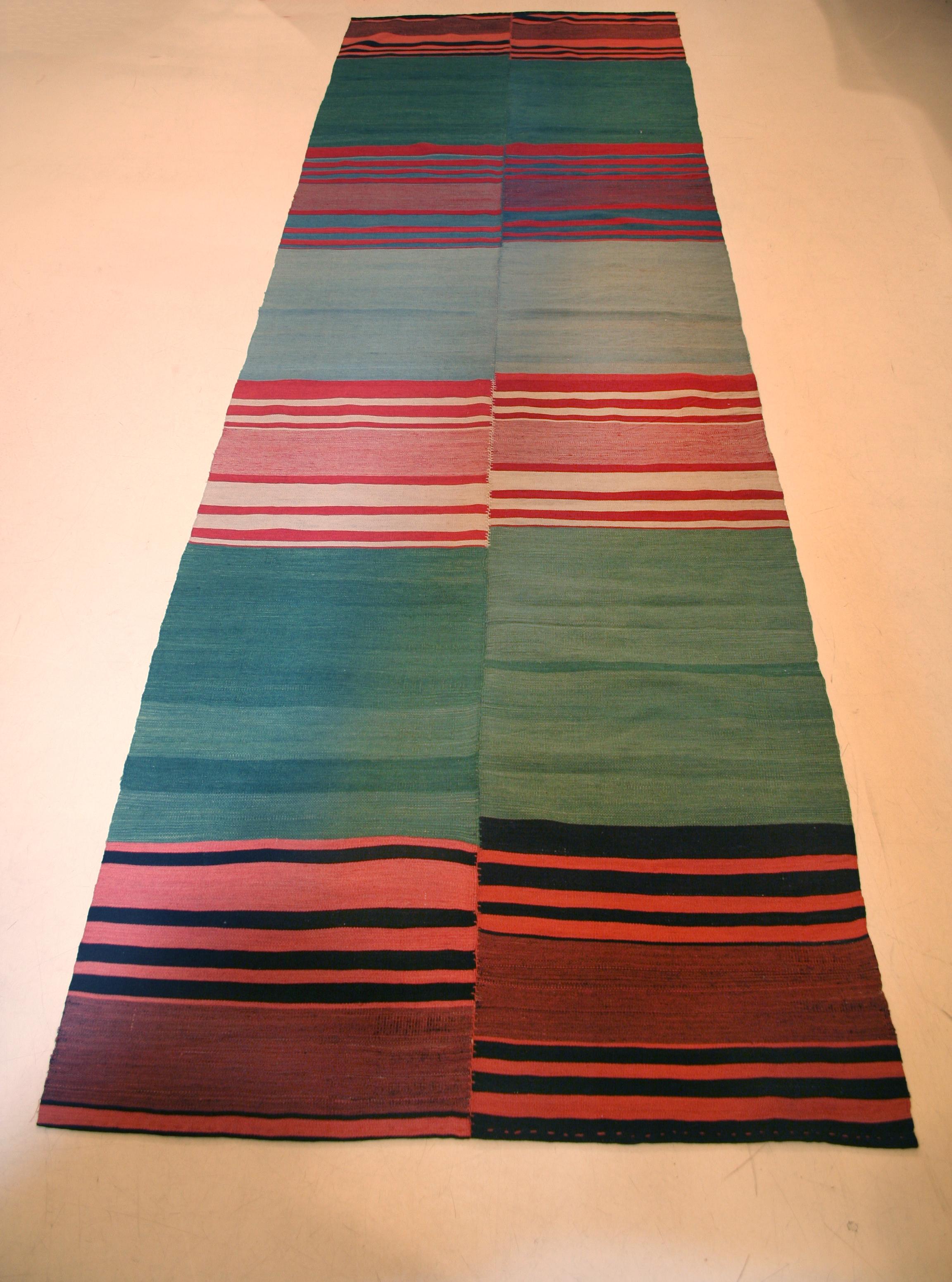 Wool Vintage Modernist Polychrome Striped Kilim Runner Rug