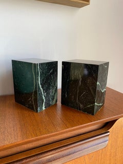 Vintage Modernist Rectangular Black and Green Marble Bookends Vermont Marble Co