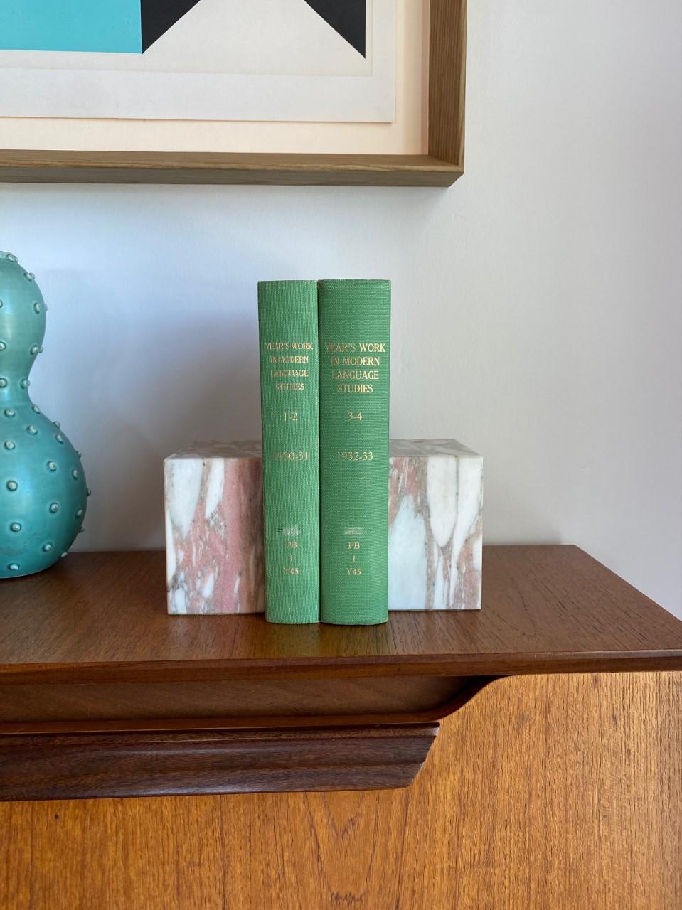 Hand-Crafted Vintage Modernist Rectangular Pink Marble Bookends by Vermont Marble Co