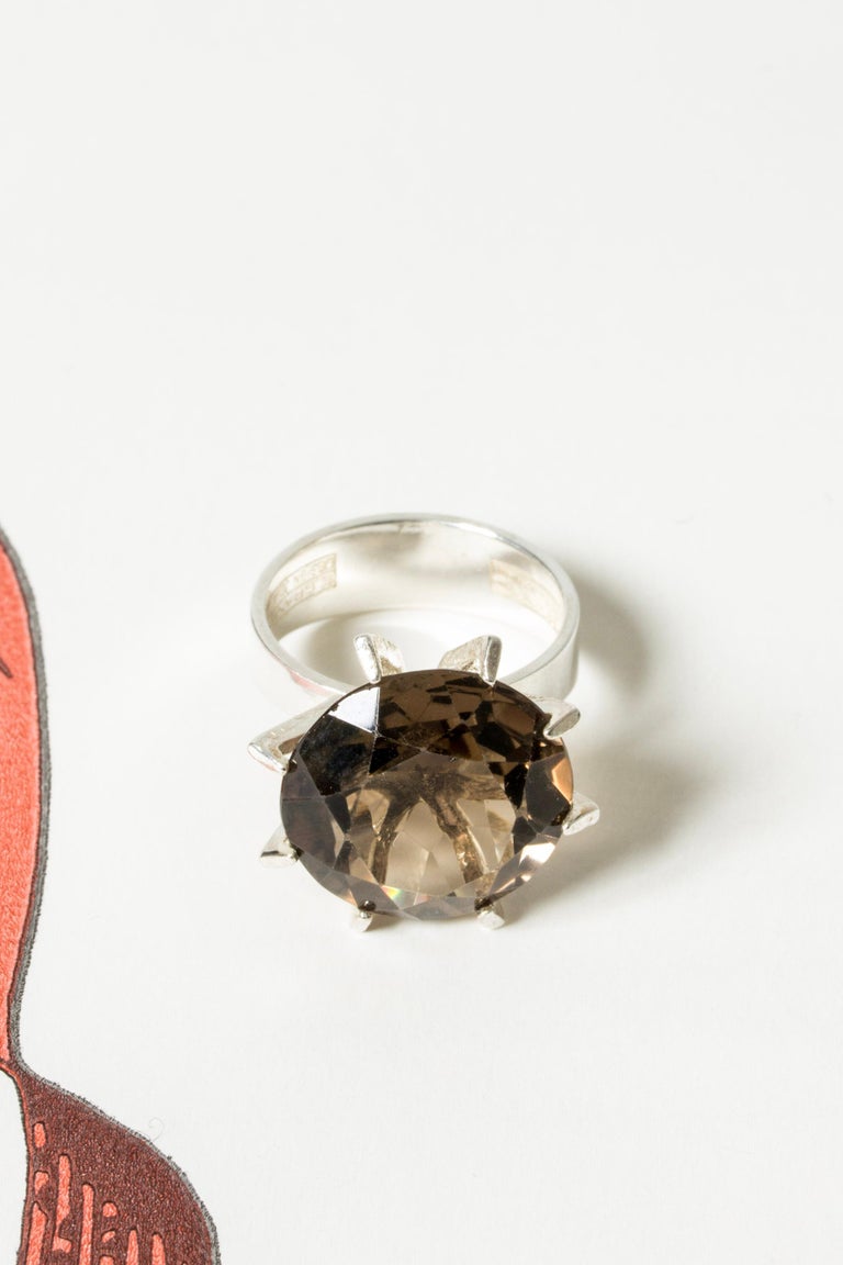 Vintage Modernist Silver and Smoke Quartz Ring from Erik Granit