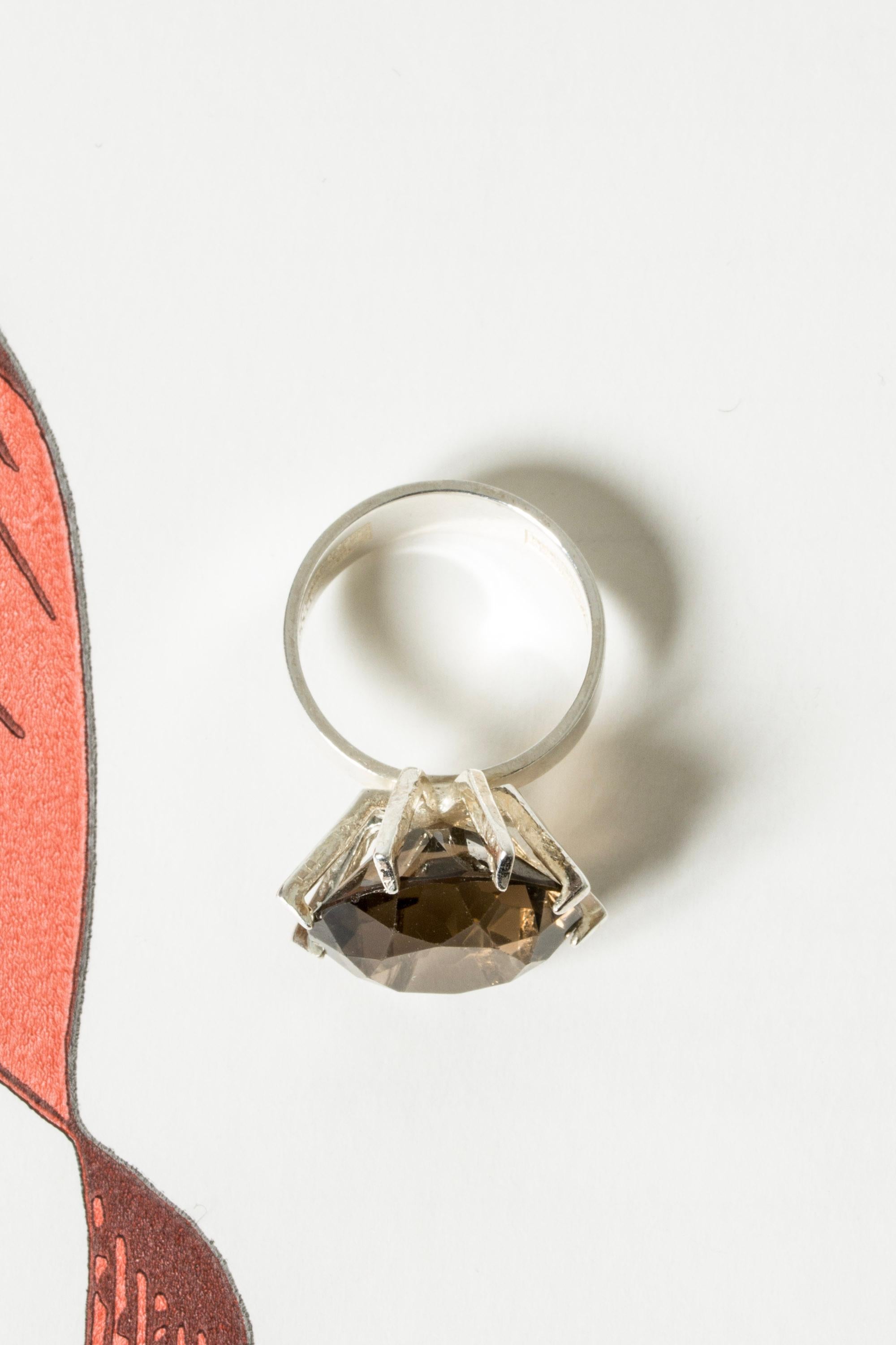 Round Cut Vintage Modernist Silver and Smoke Quartz Ring from Erik Granit, Finland, 1972