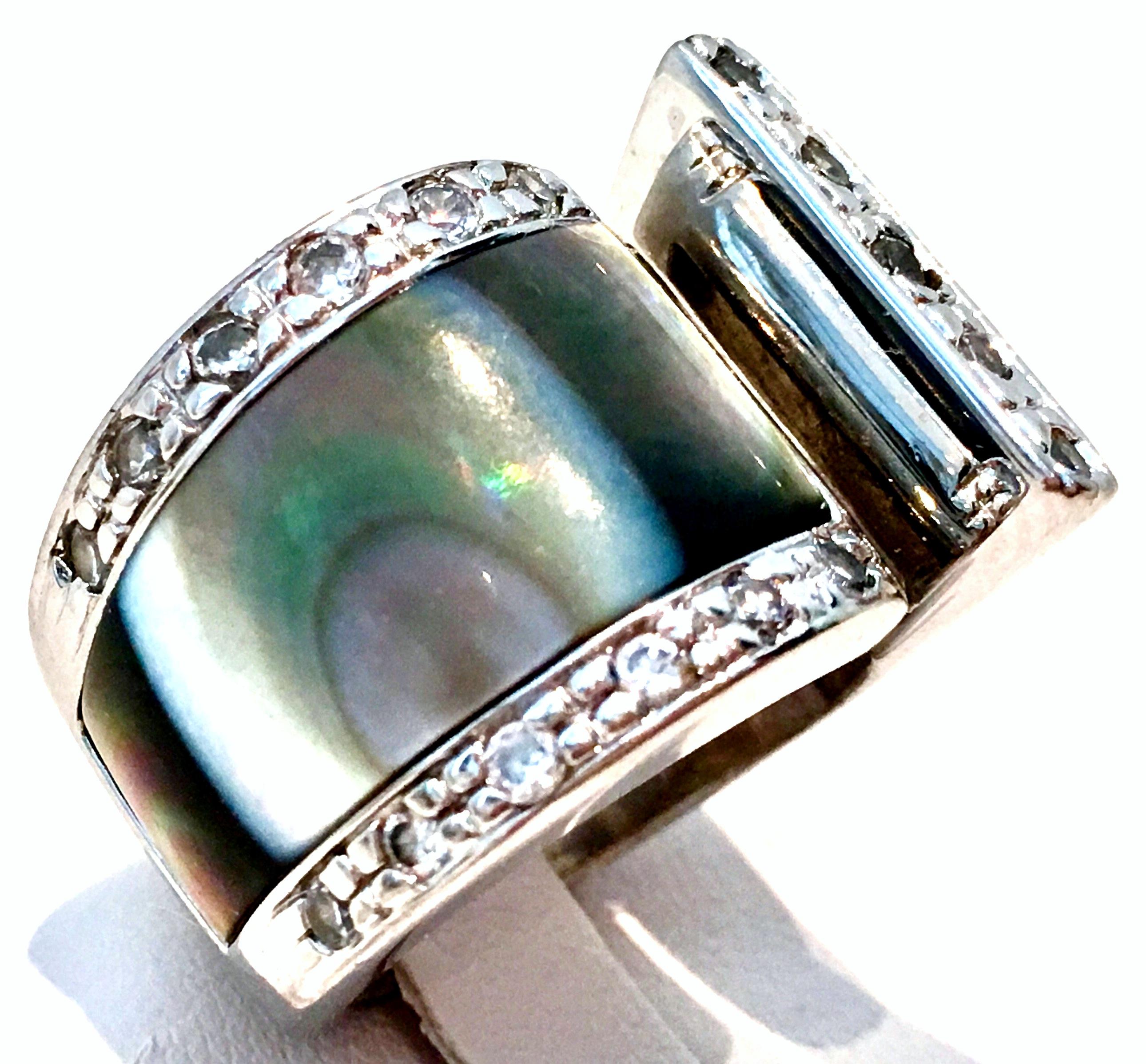1970'S Sterling Silver, Abalone Shell & Austrian Crystal Rhinestone Modern Wrap Ring, Signed 925. Size 5. Made In Mexico