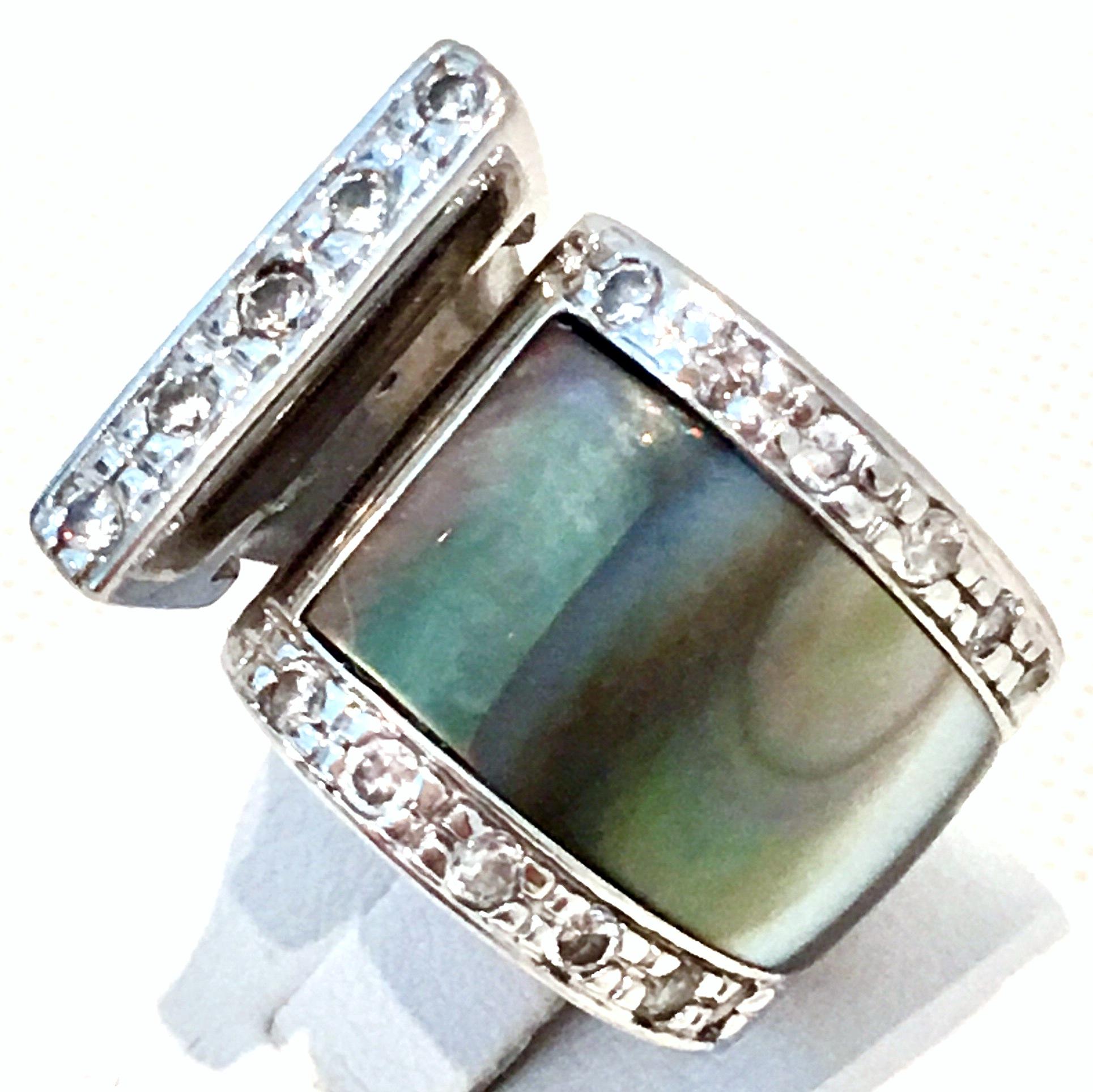Vintage Modernist Sterling Silver, Crystal & Abalone Shell Ring In Good Condition In West Palm Beach, FL