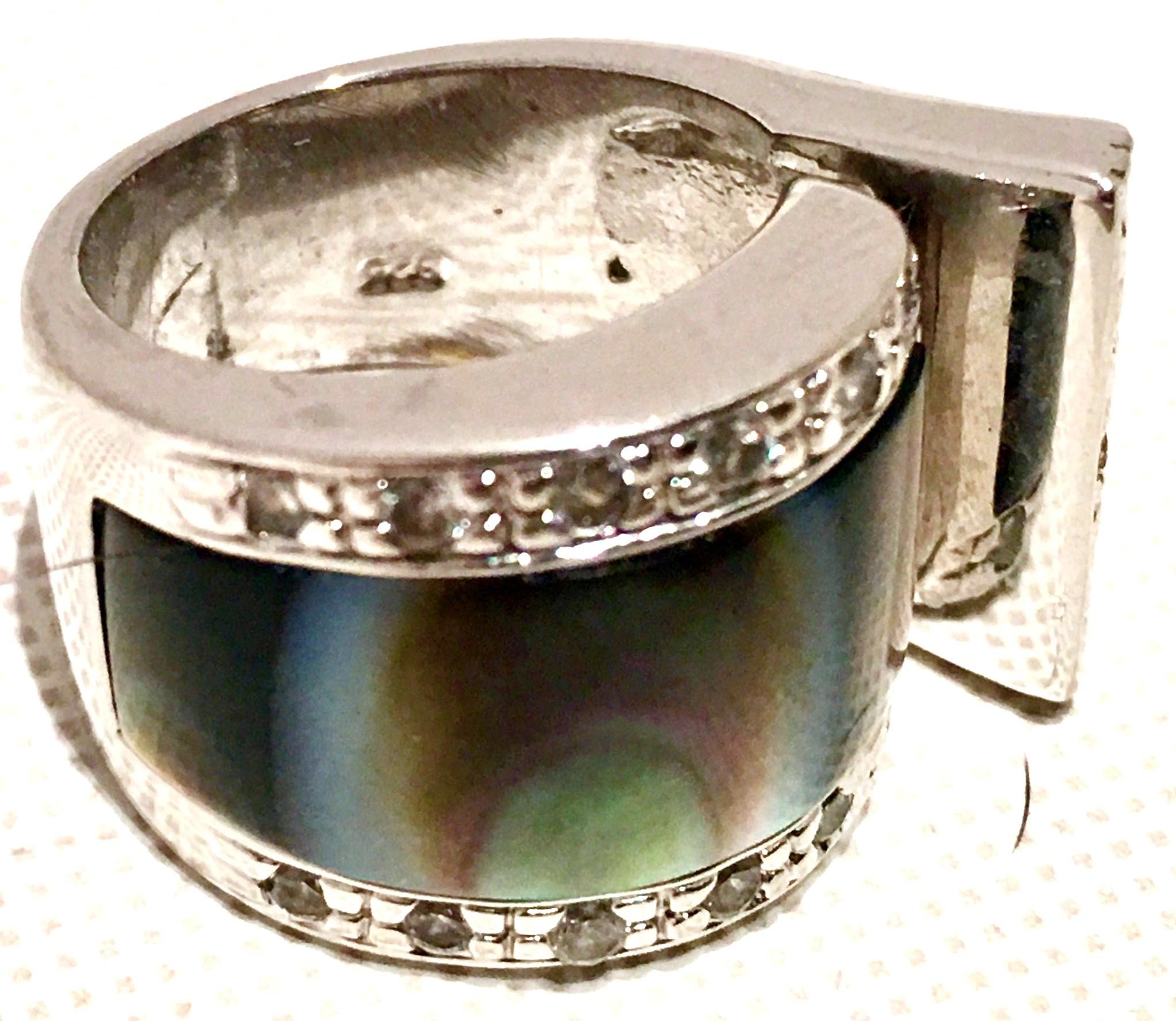 Vintage Modernist Sterling Silver, Crystal & Abalone Shell Ring 2