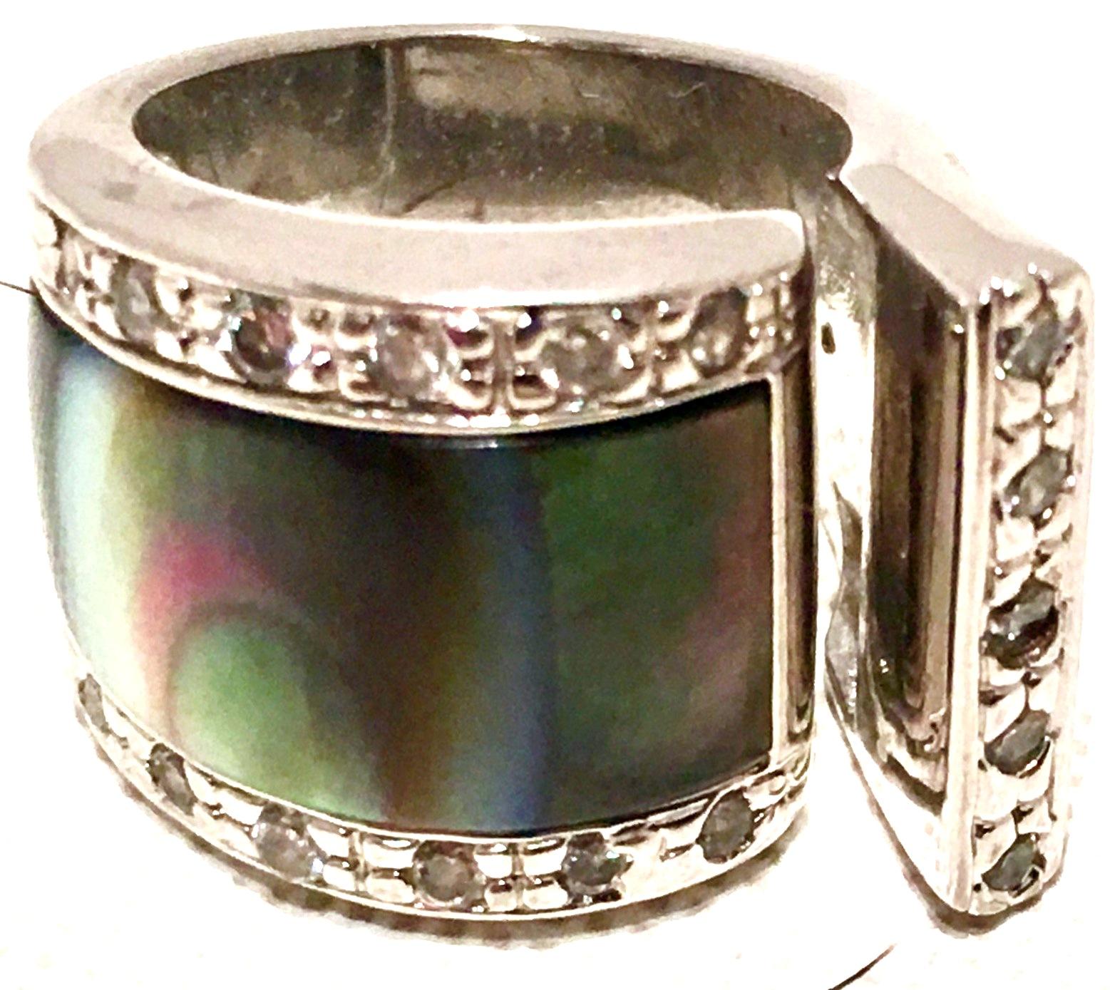 Women's or Men's Vintage Modernist Sterling Silver, Crystal & Abalone Shell Ring