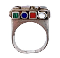 Vintage Modernist Sterling Silver Ring Agate Malachite Jaspis Lapis