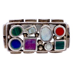 Modernistischer Sterlingsilber-Ring Achat Malachit Jaspis Lapis