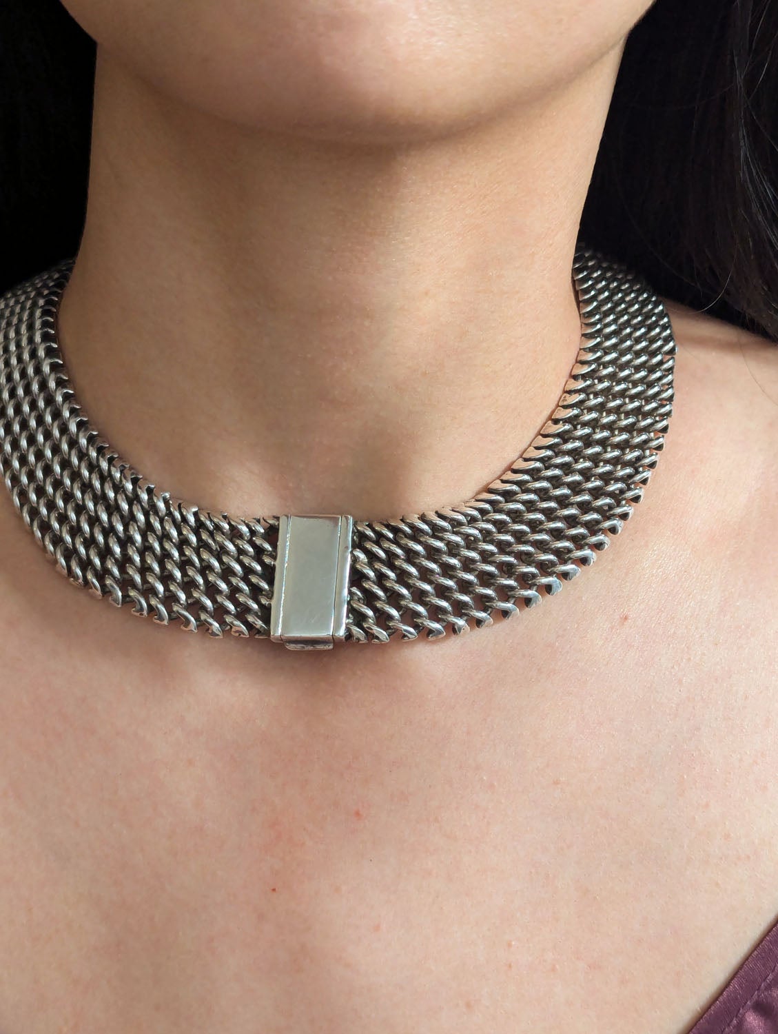 Vintage Modernist Sterling Silver Wide Collar Necklace Choker Cleopatra 40cm 16" en vente