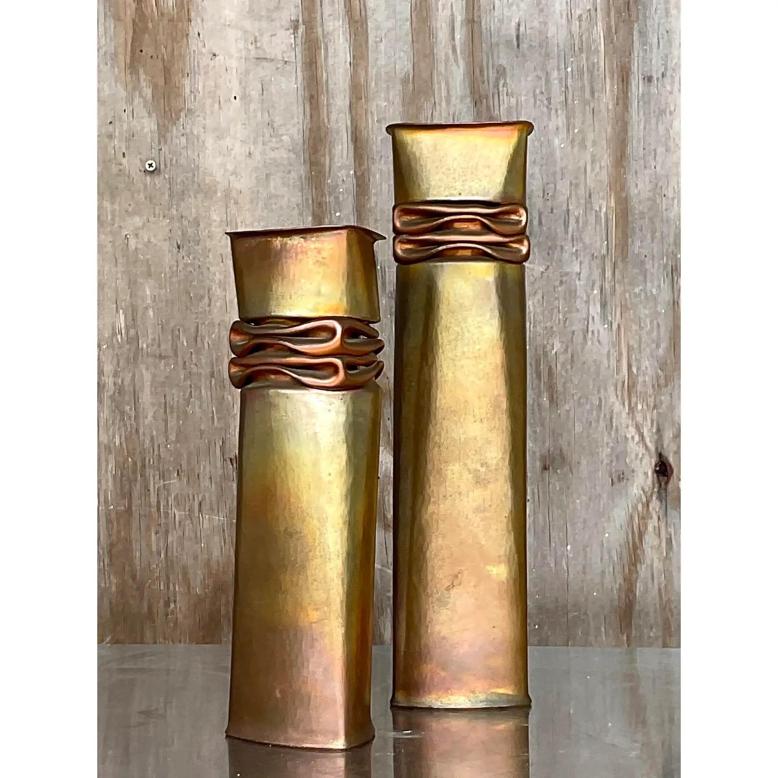 North American Vintage Modernist Thomas Roy Markusen Nickeled Copper Vases - Set of 2 For Sale
