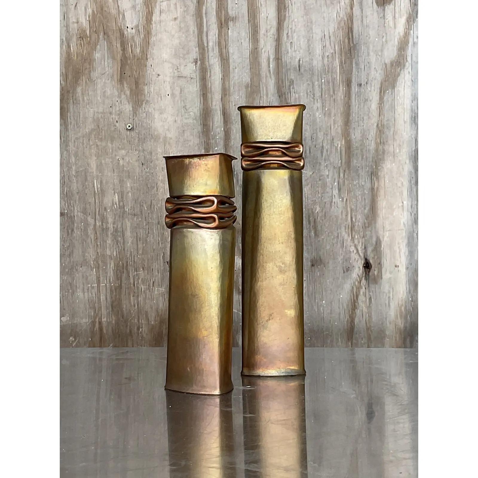 Vintage Modernist Thomas Roy Markusen Nickeled Copper Vases - Set of 2 In Good Condition For Sale In west palm beach, FL