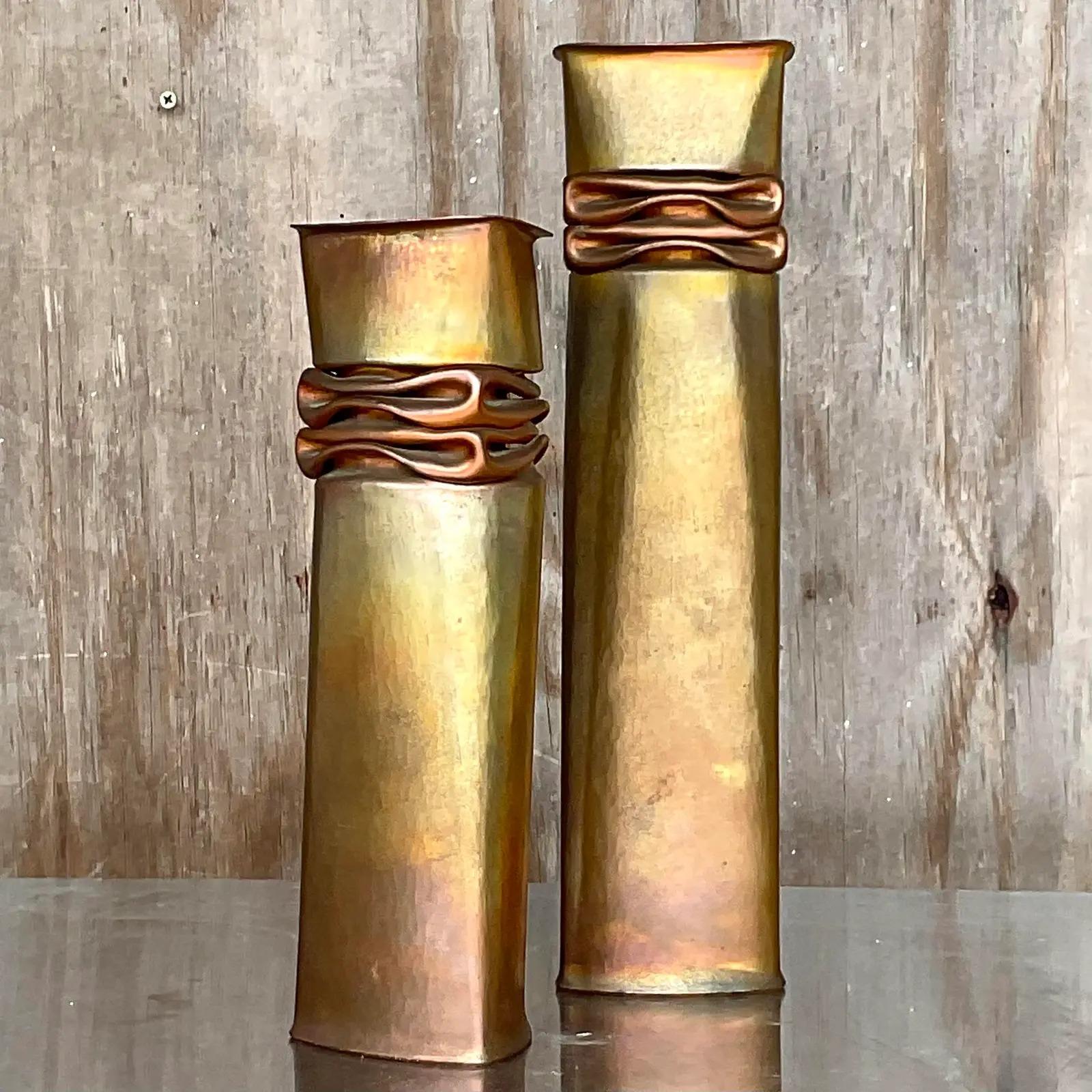 Late 20th Century Vintage Modernist Thomas Roy Markusen Nickeled Copper Vases - Set of 2 For Sale