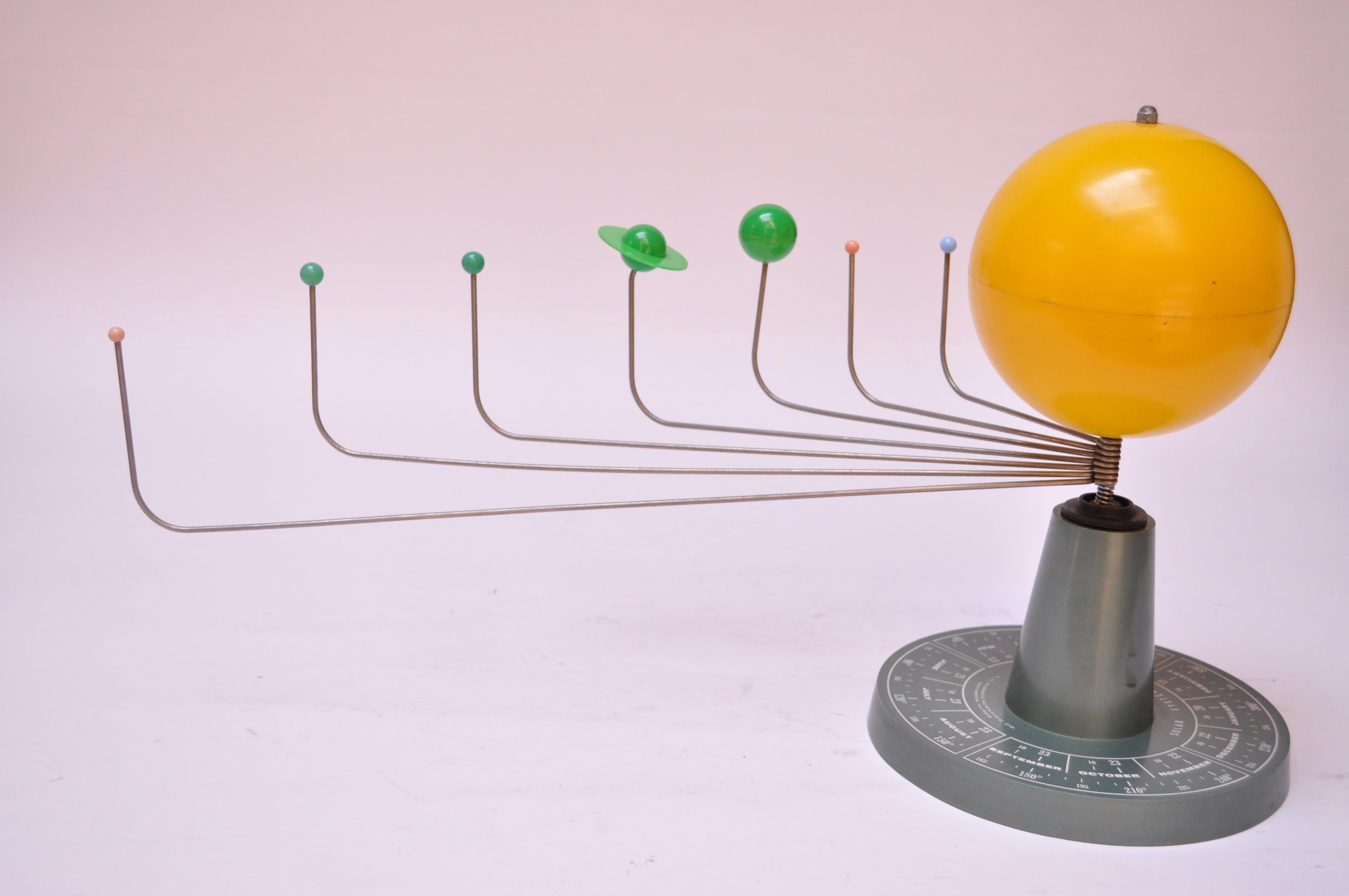 T.N. Hubbard Scientific Co. model solar system / trippensee (circa 1960s Northbrook, IL. USA) which illustrates the relative position between individual planets and the sun according to specific months. Fantastic modernist aesthetic with vibrant