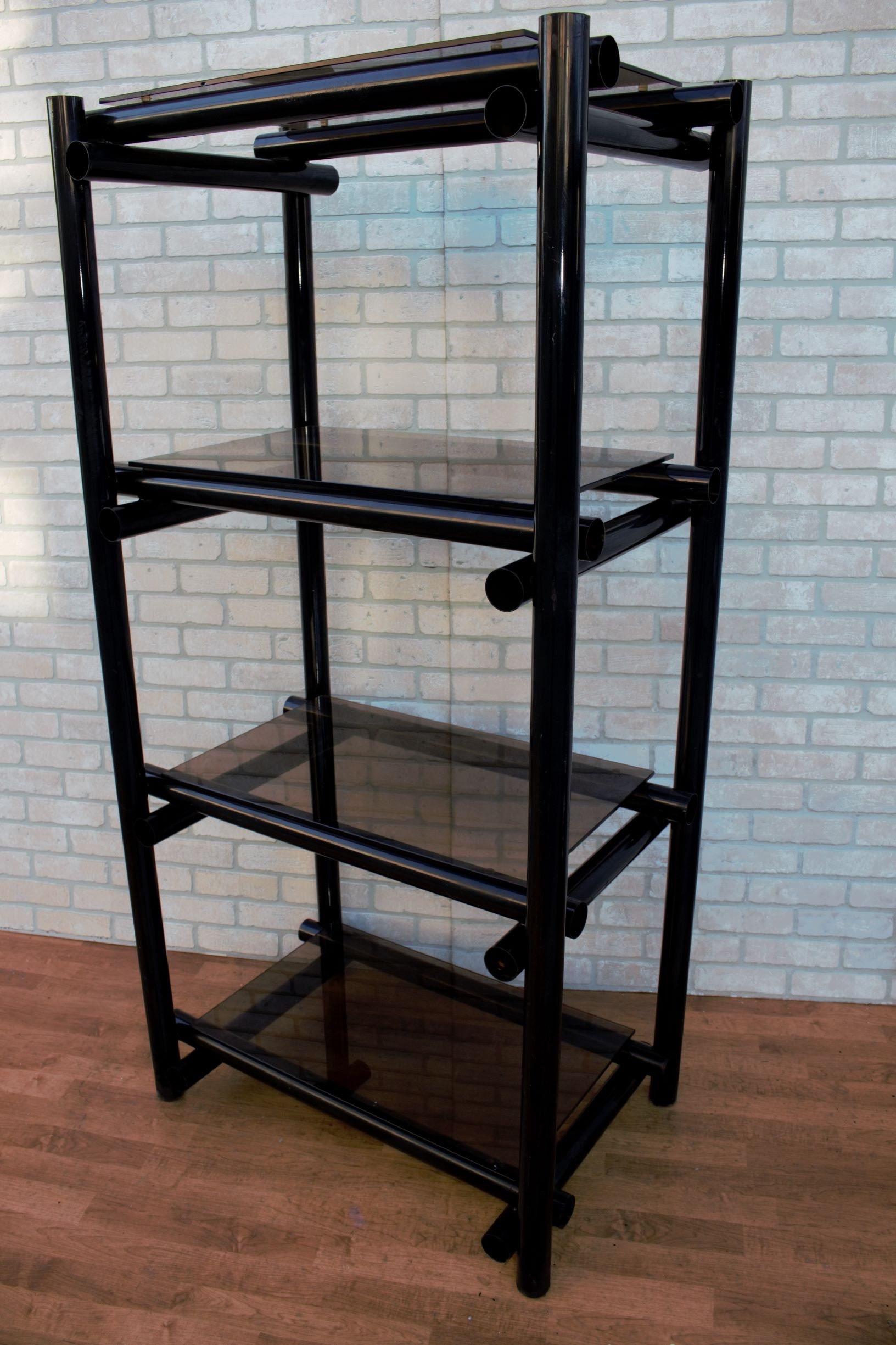 Vintage Modernist Tubular Black Metal Shelving Etagere with Tinted Glass, Pair For Sale 4