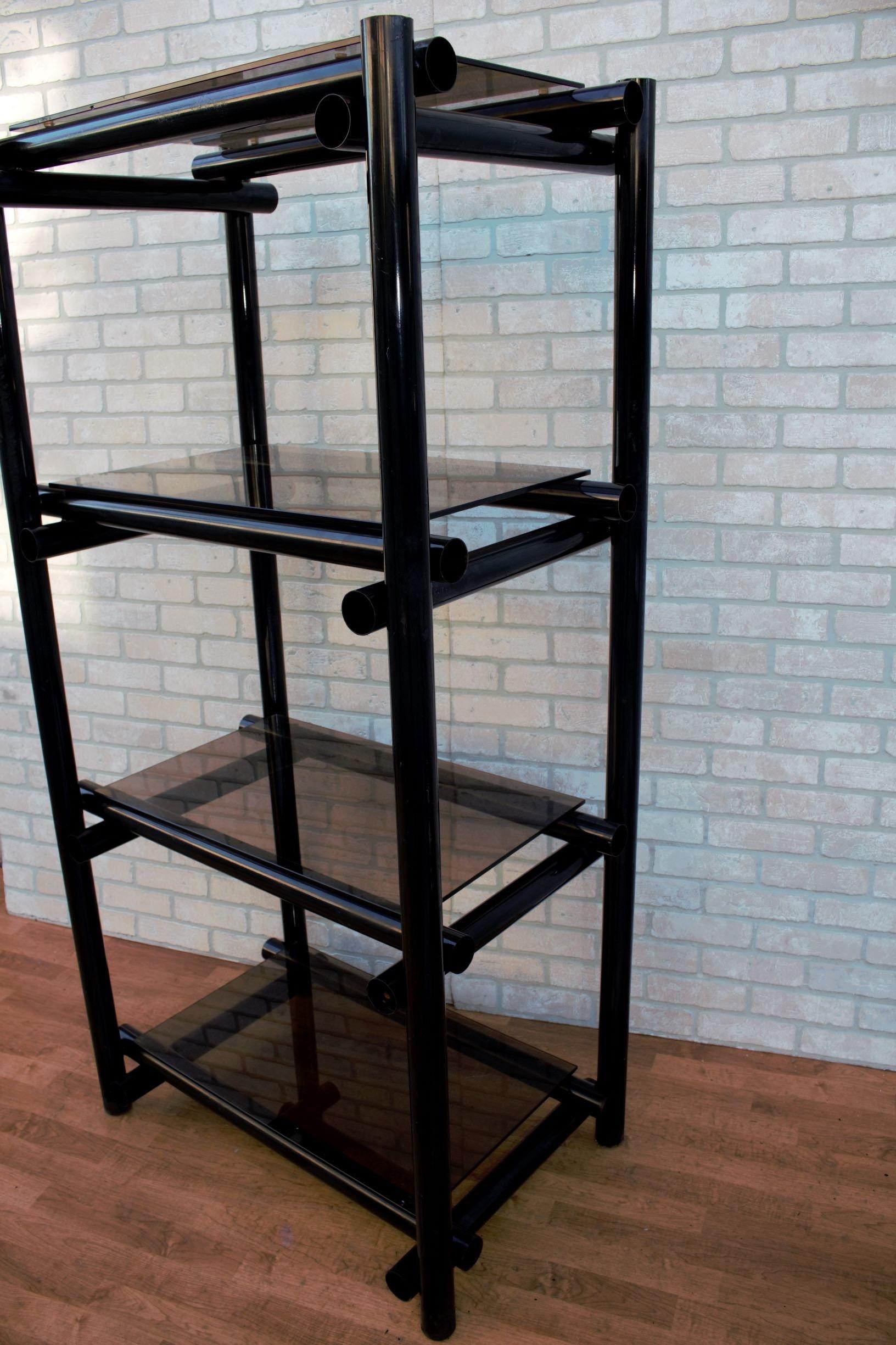 Vintage Modernist Tubular Black Metal Shelving Etagere with Tinted Glass, Pair For Sale 5