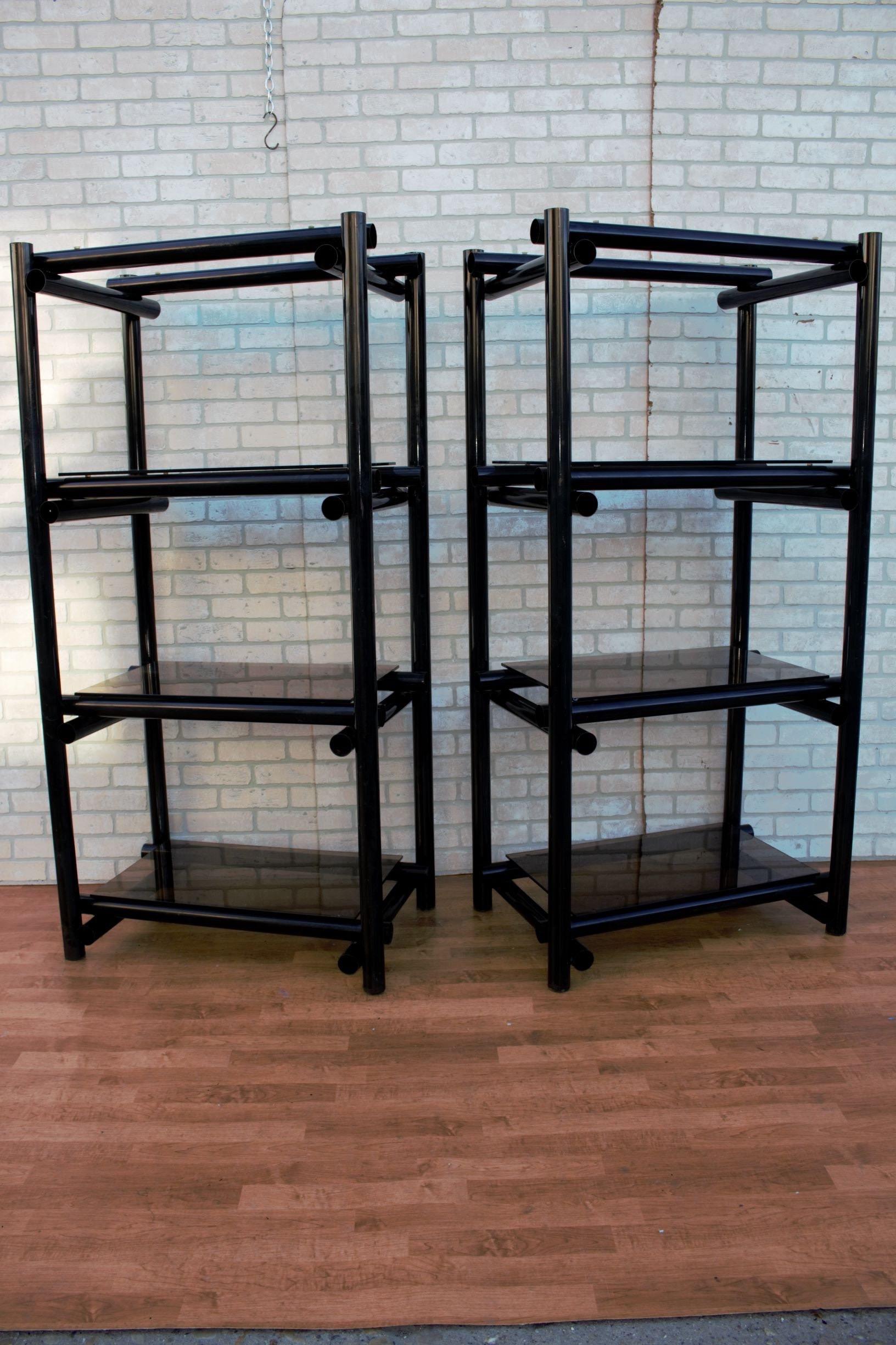 Mid-Century Modern Vintage Modernist Tubular Black Metal Shelving Etagere with Tinted Glass, Pair For Sale