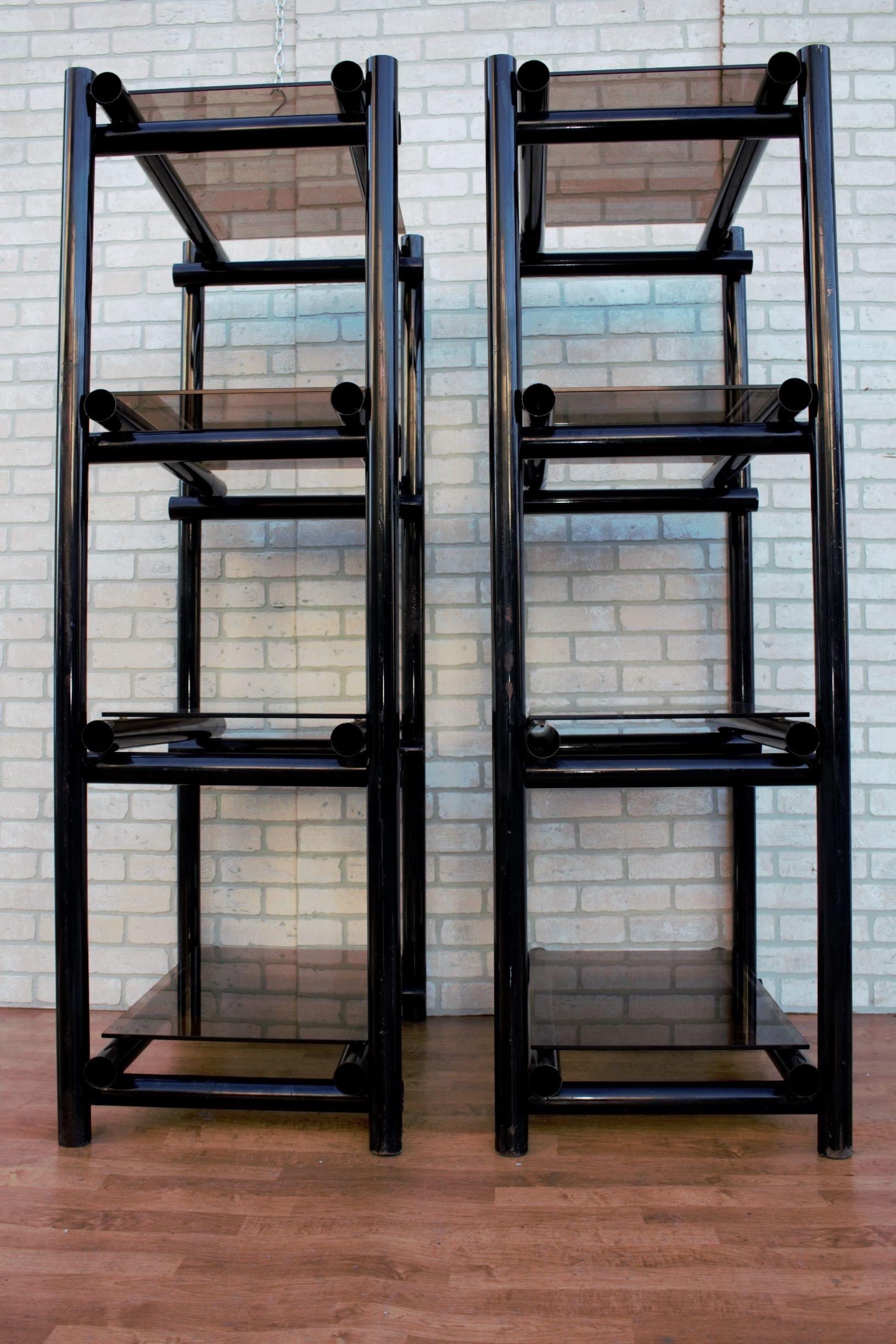 Unknown Vintage Modernist Tubular Black Metal Shelving Etagere with Tinted Glass, Pair For Sale