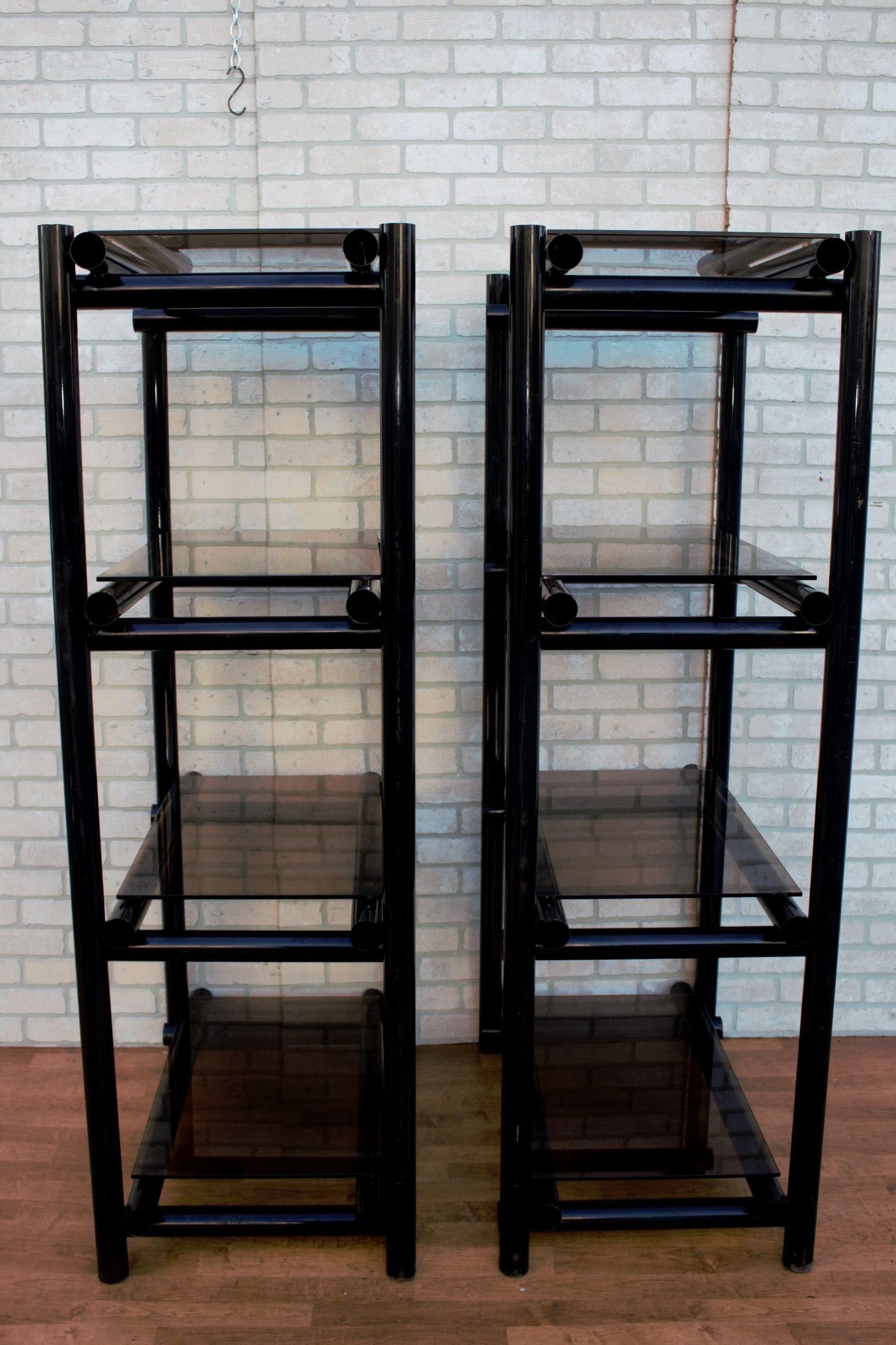 Vintage Modernist Tubular Black Metal Shelving Etagere with Tinted Glass, Pair In Good Condition For Sale In Chicago, IL