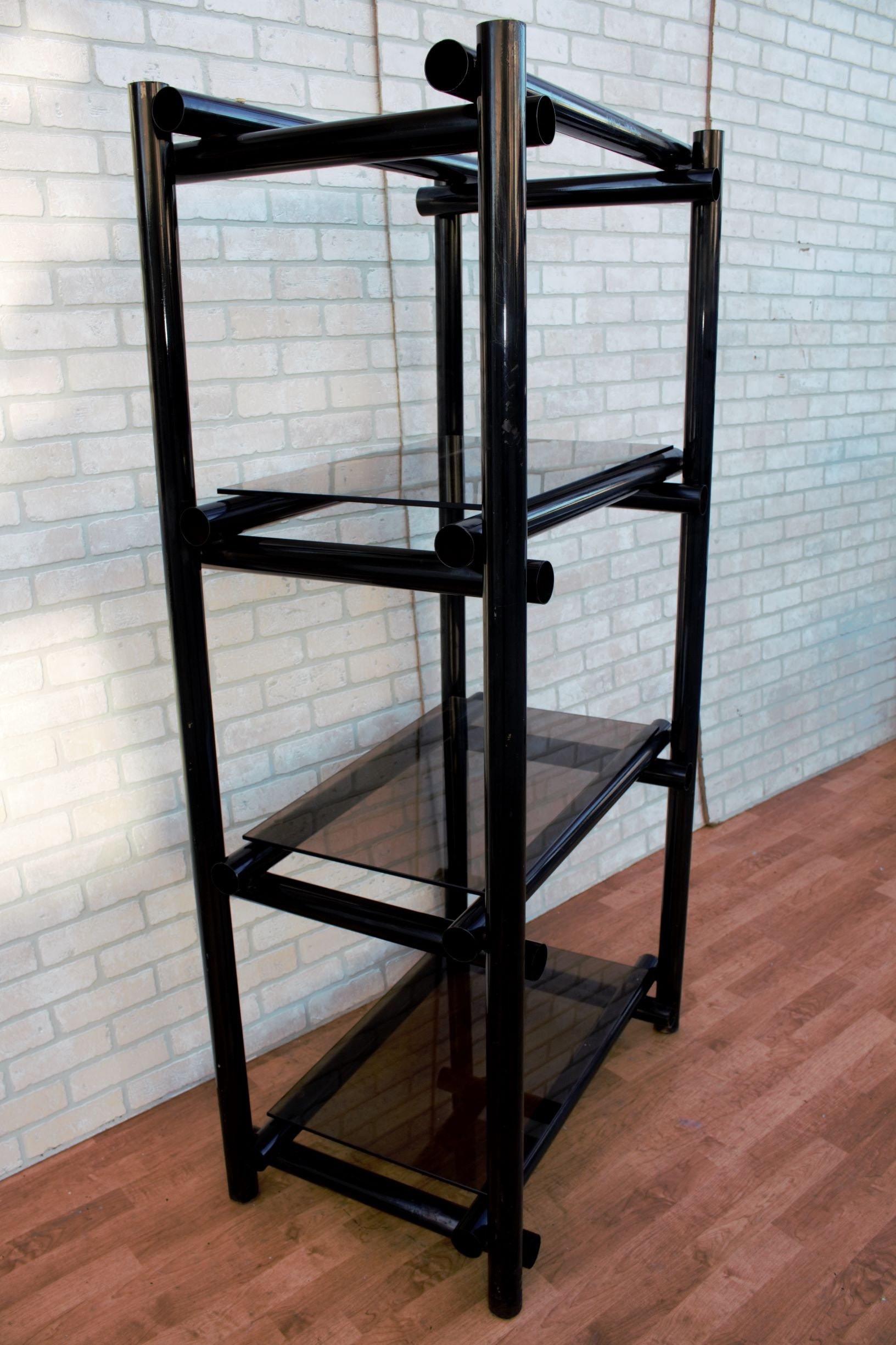 20th Century Vintage Modernist Tubular Black Metal Shelving Etagere with Tinted Glass, Pair For Sale