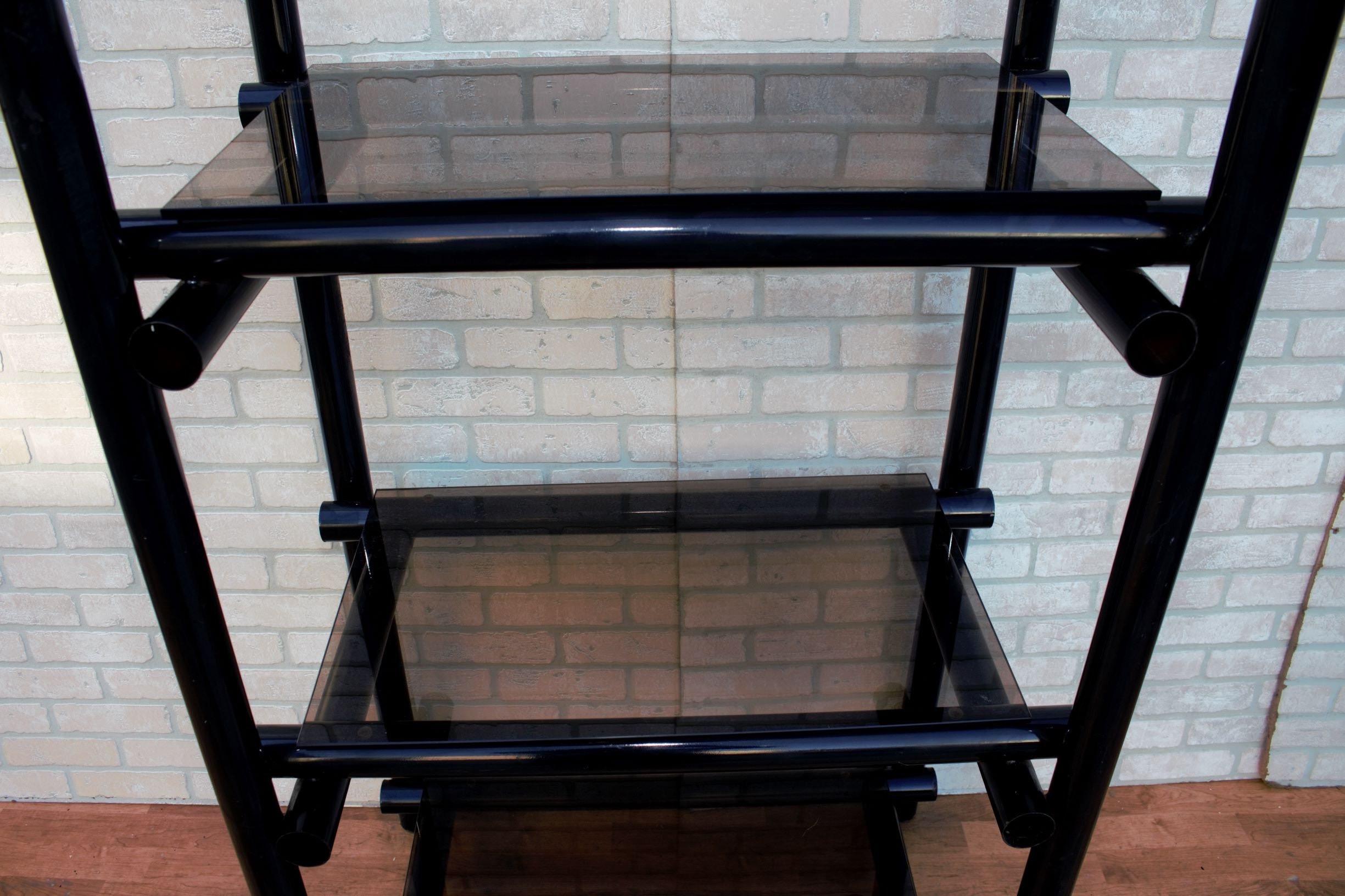 Vintage Modernist Tubular Black Metal Shelving Etagere with Tinted Glass, Pair For Sale 1