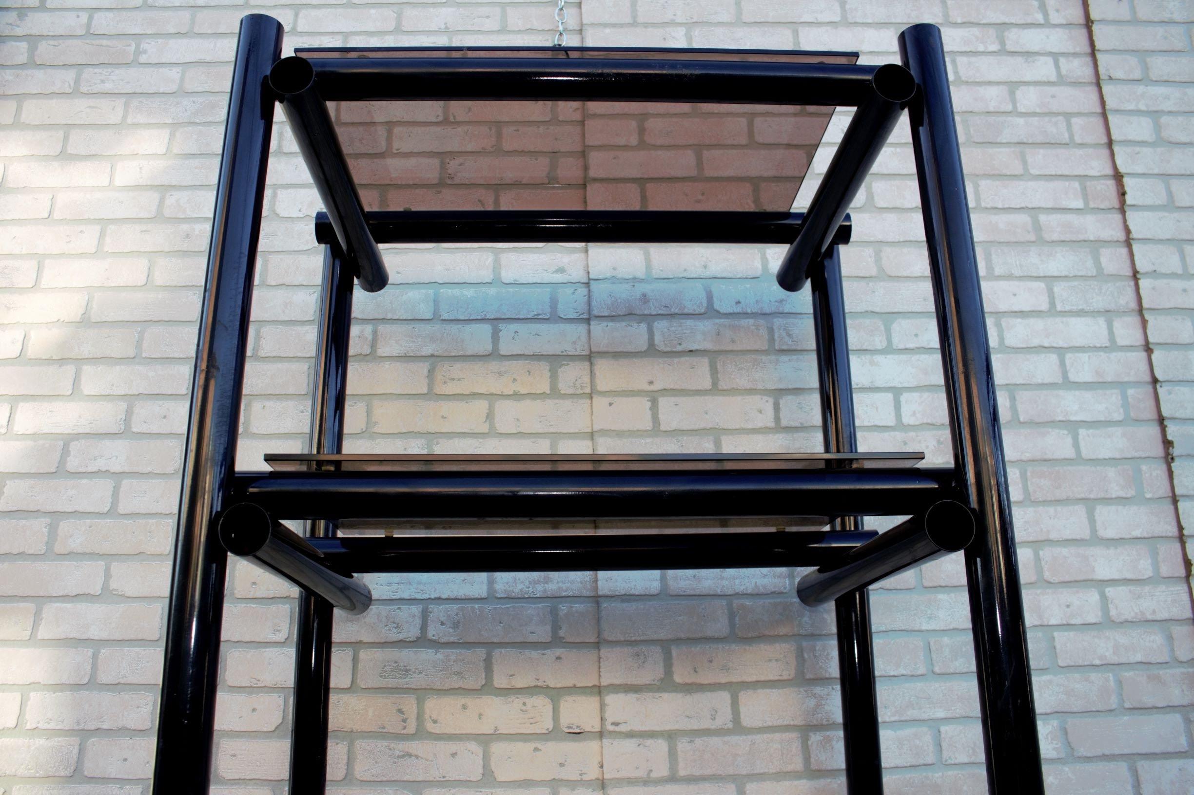 Vintage Modernist Tubular Black Metal Shelving Etagere with Tinted Glass, Pair For Sale 2