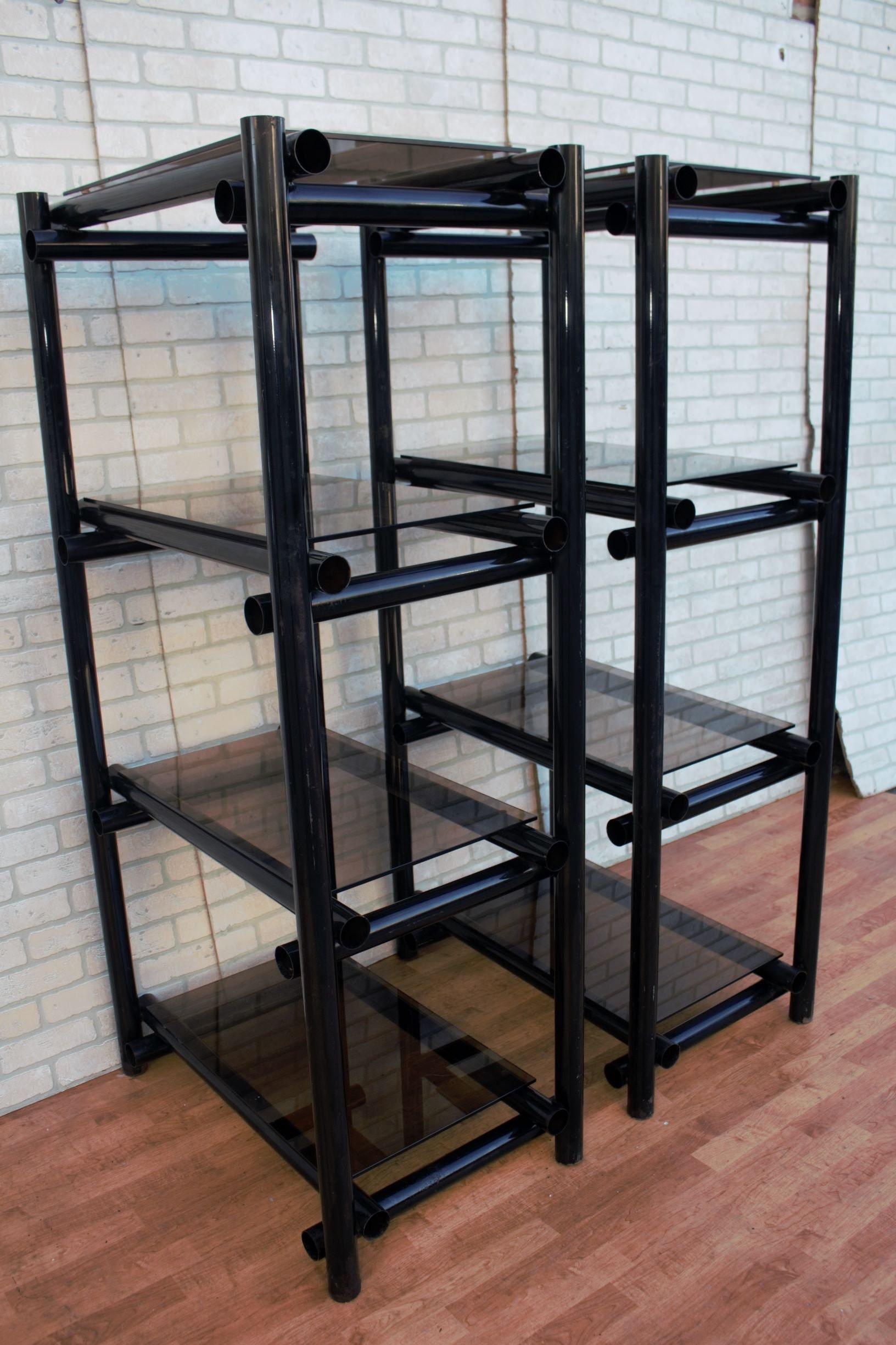 Vintage Modernist Tubular Black Metal Shelving Etagere with Tinted Glass, Pair For Sale 3