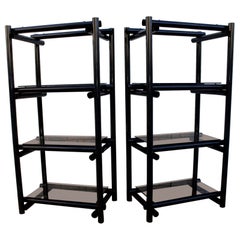 Modernistische Vintage-Regale/Etagere aus schwarzem Metall aus röhrenförmigem Metall mit getöntem Glas, Vintage, Paar