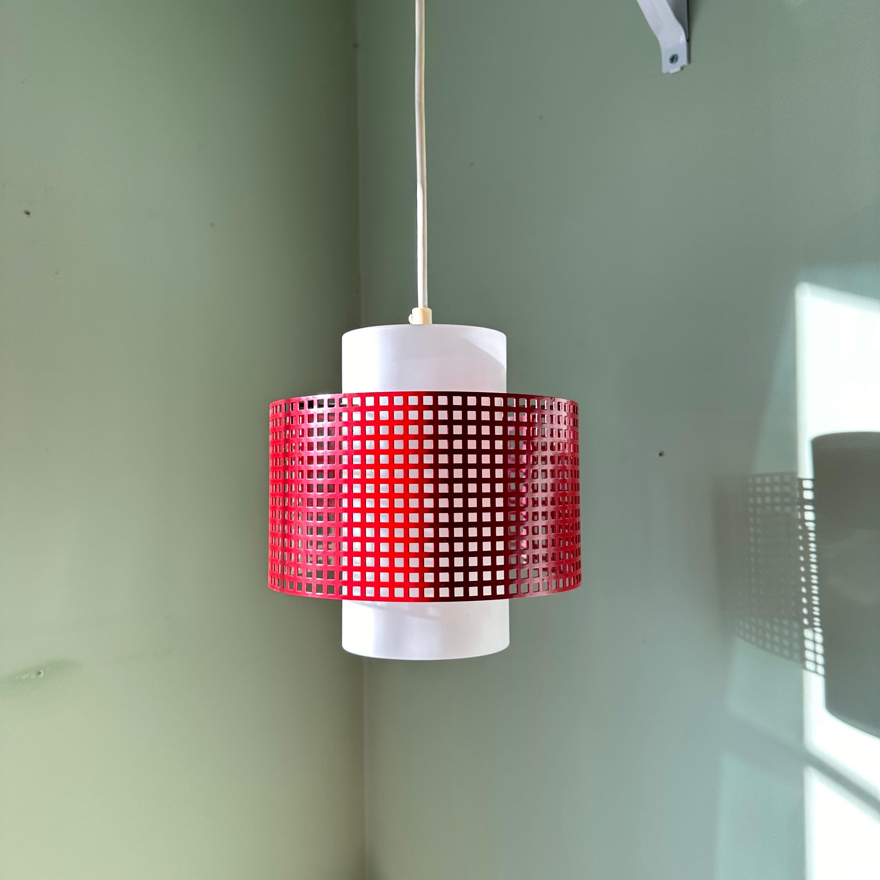 Vintage Modernist White Glass and Red Metal Grid Ceiling Pendant Light For Sale 4