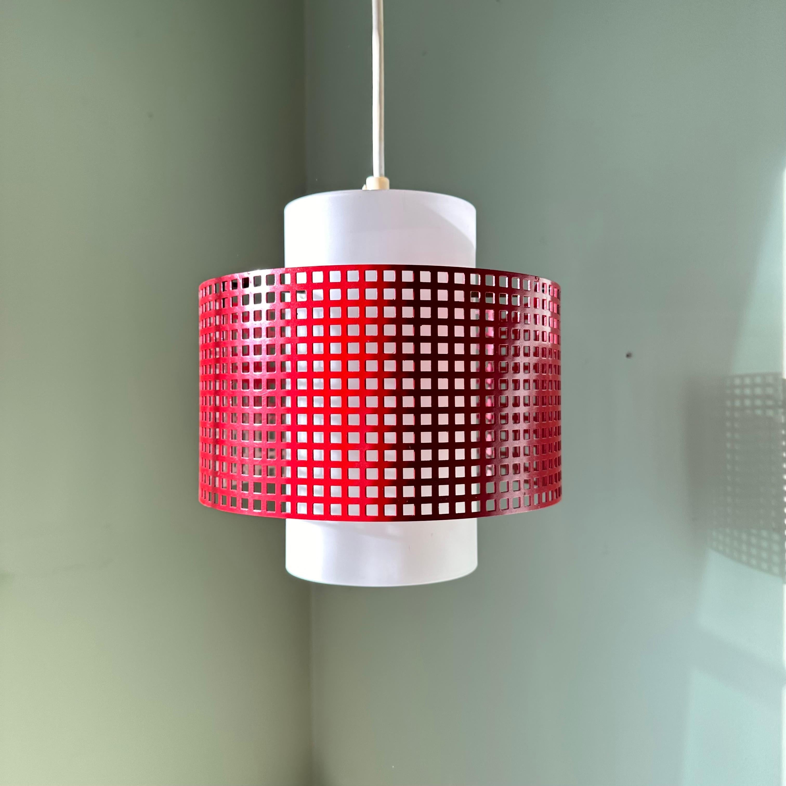 Vintage Modernist White Glass and Red Metal Grid Ceiling Pendant Light For Sale 5