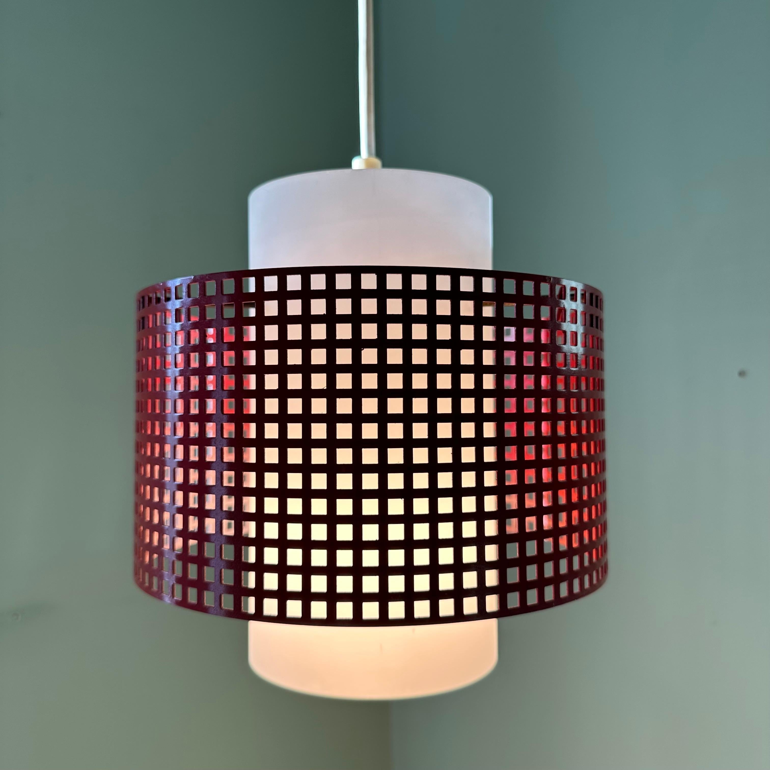 Vintage Modernist White Glass and Red Metal Grid Ceiling Pendant Light For Sale 6