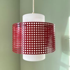 Vintage Modernist White Glass and Red Metal Grid Ceiling Pendant Light
