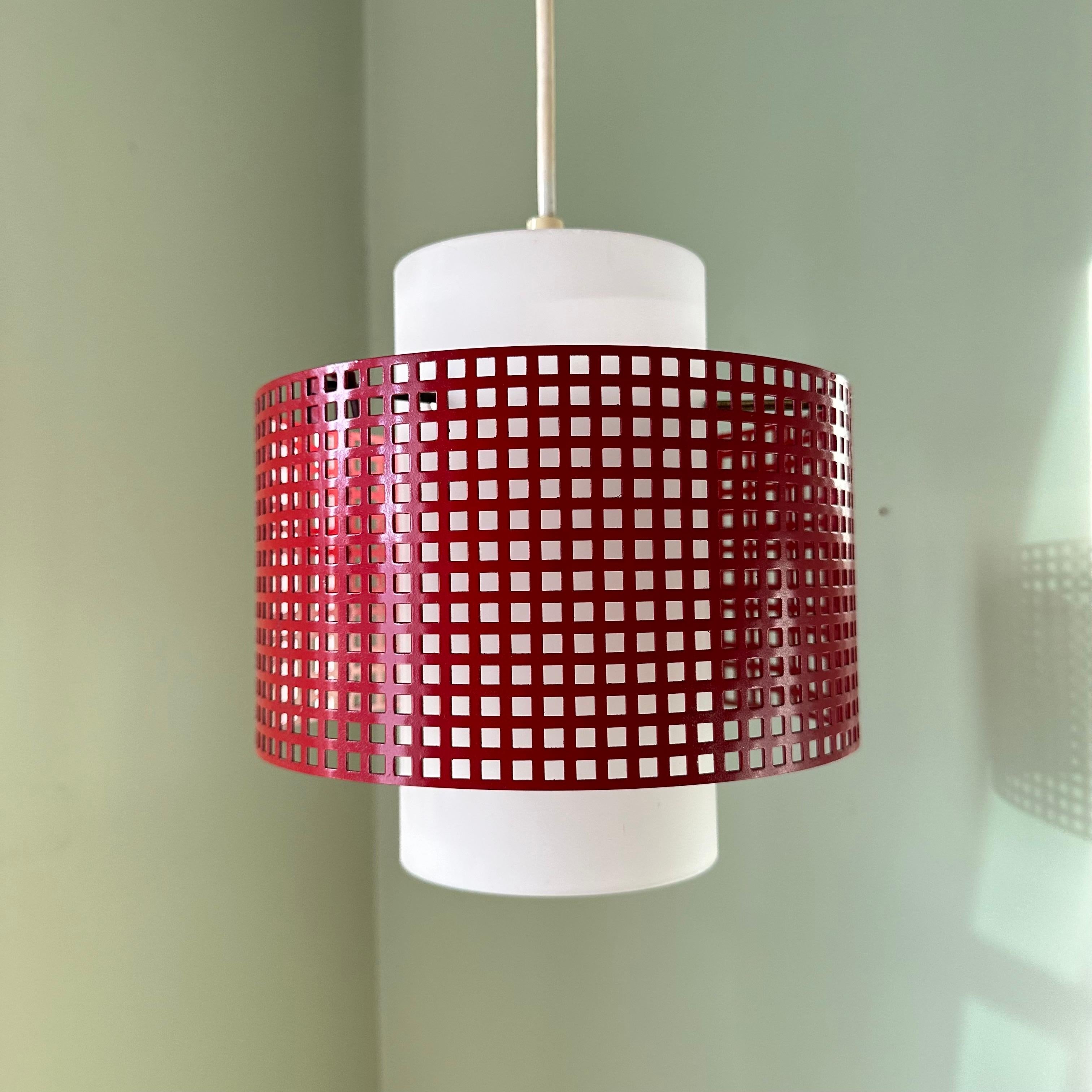 Post-Modern Vintage Modernist White Glass and Red Metal Grid Ceiling Pendant Light For Sale