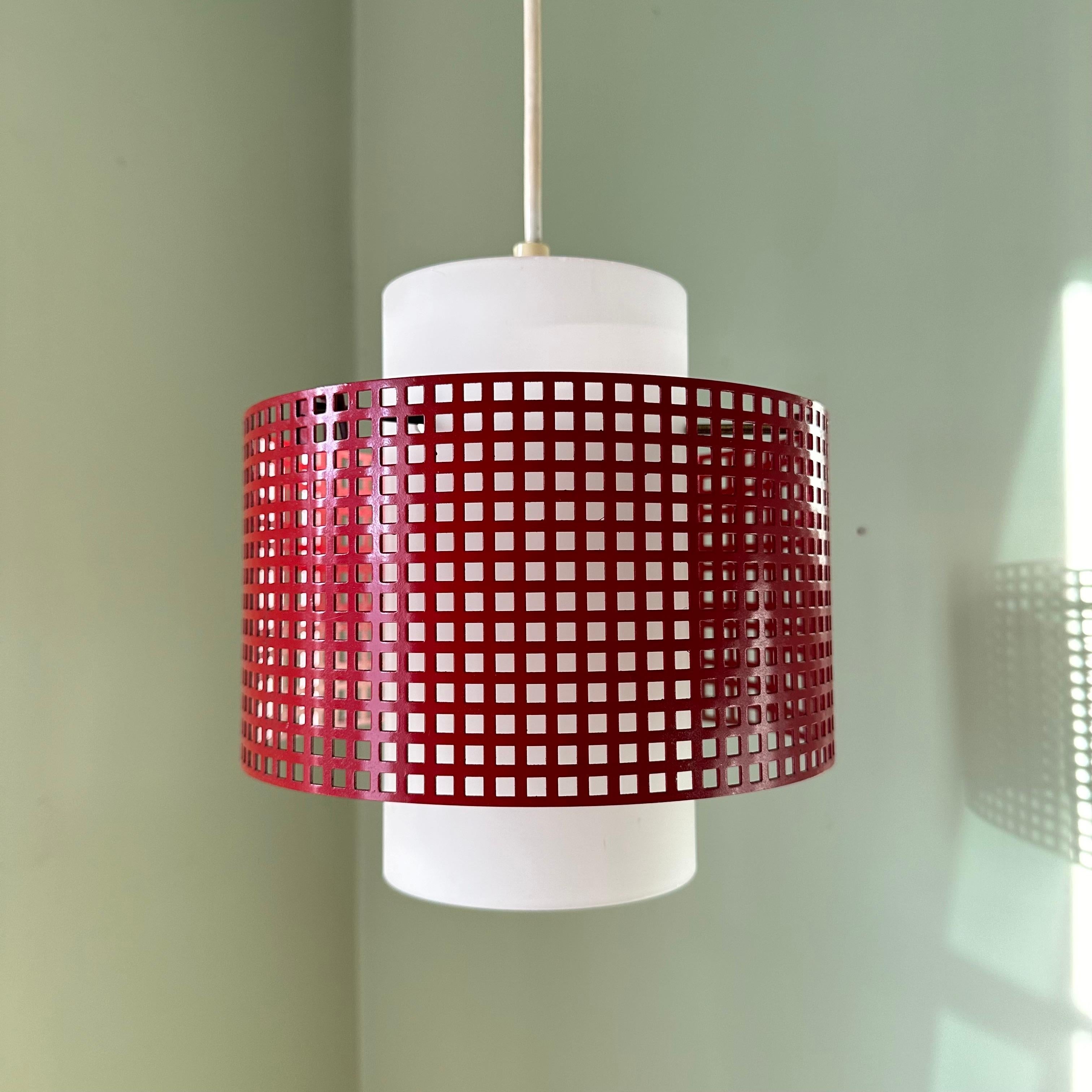 European Vintage Modernist White Glass and Red Metal Grid Ceiling Pendant Light For Sale