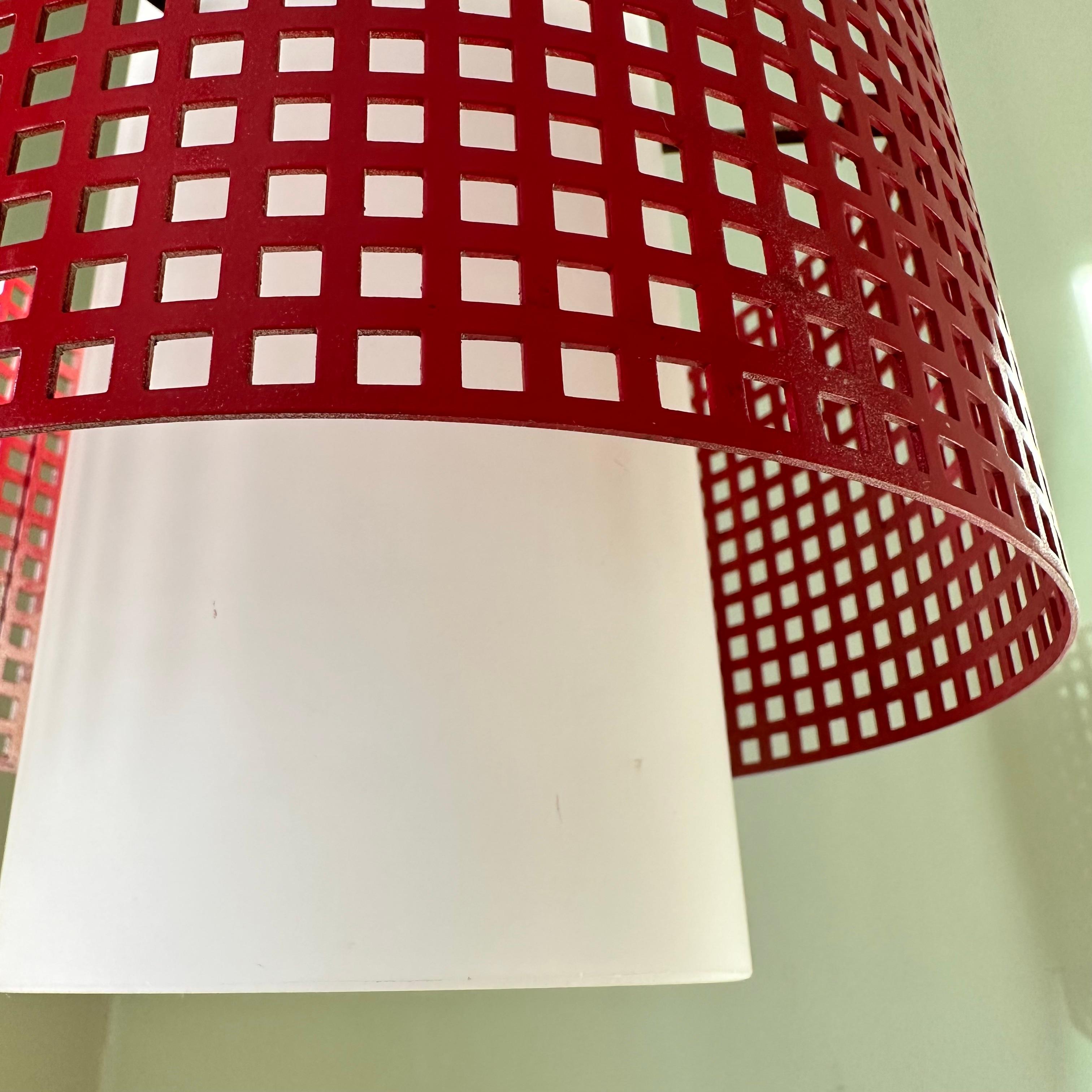 Vintage Modernist White Glass and Red Metal Grid Ceiling Pendant Light In Good Condition For Sale In Amityville, NY