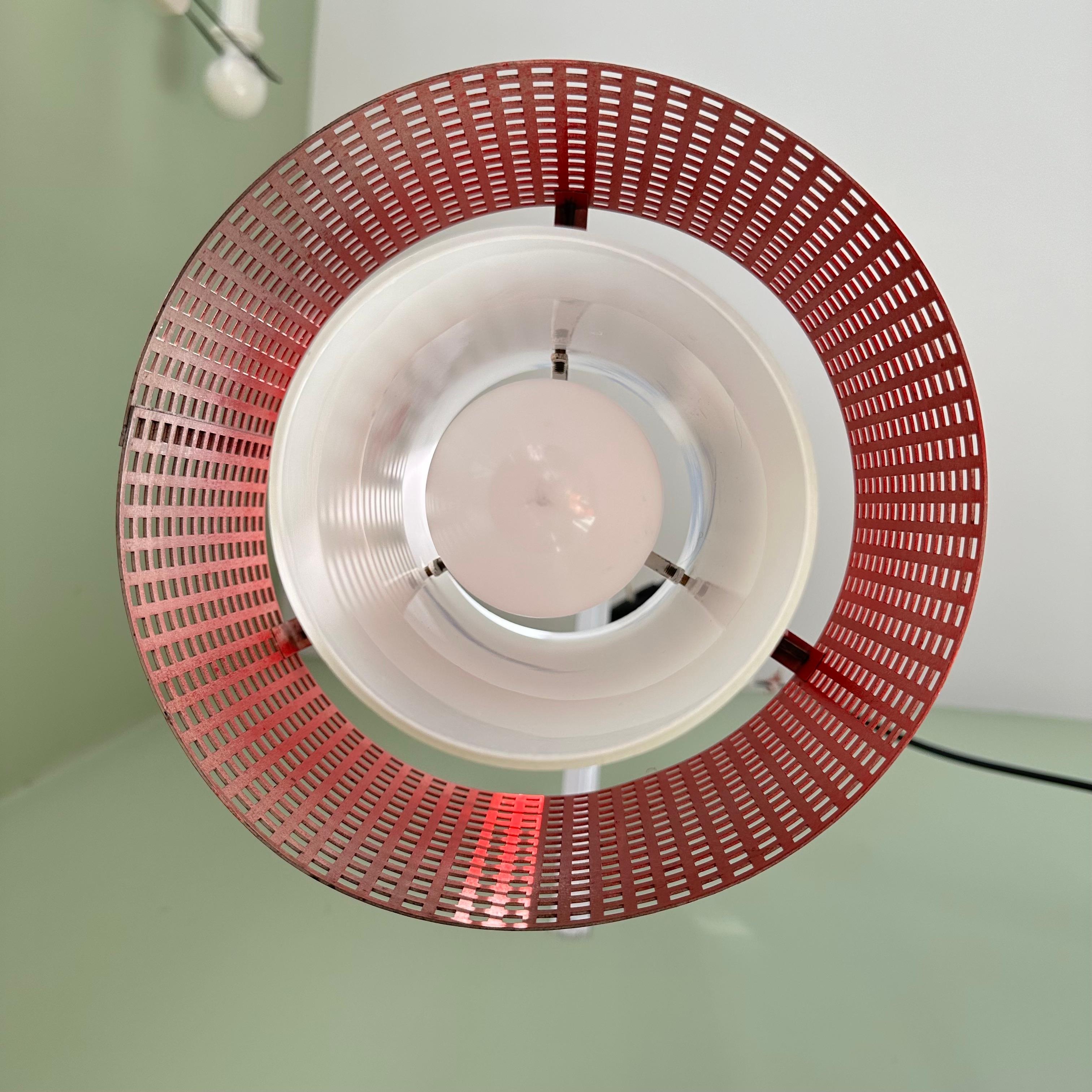 Late 20th Century Vintage Modernist White Glass and Red Metal Grid Ceiling Pendant Light For Sale